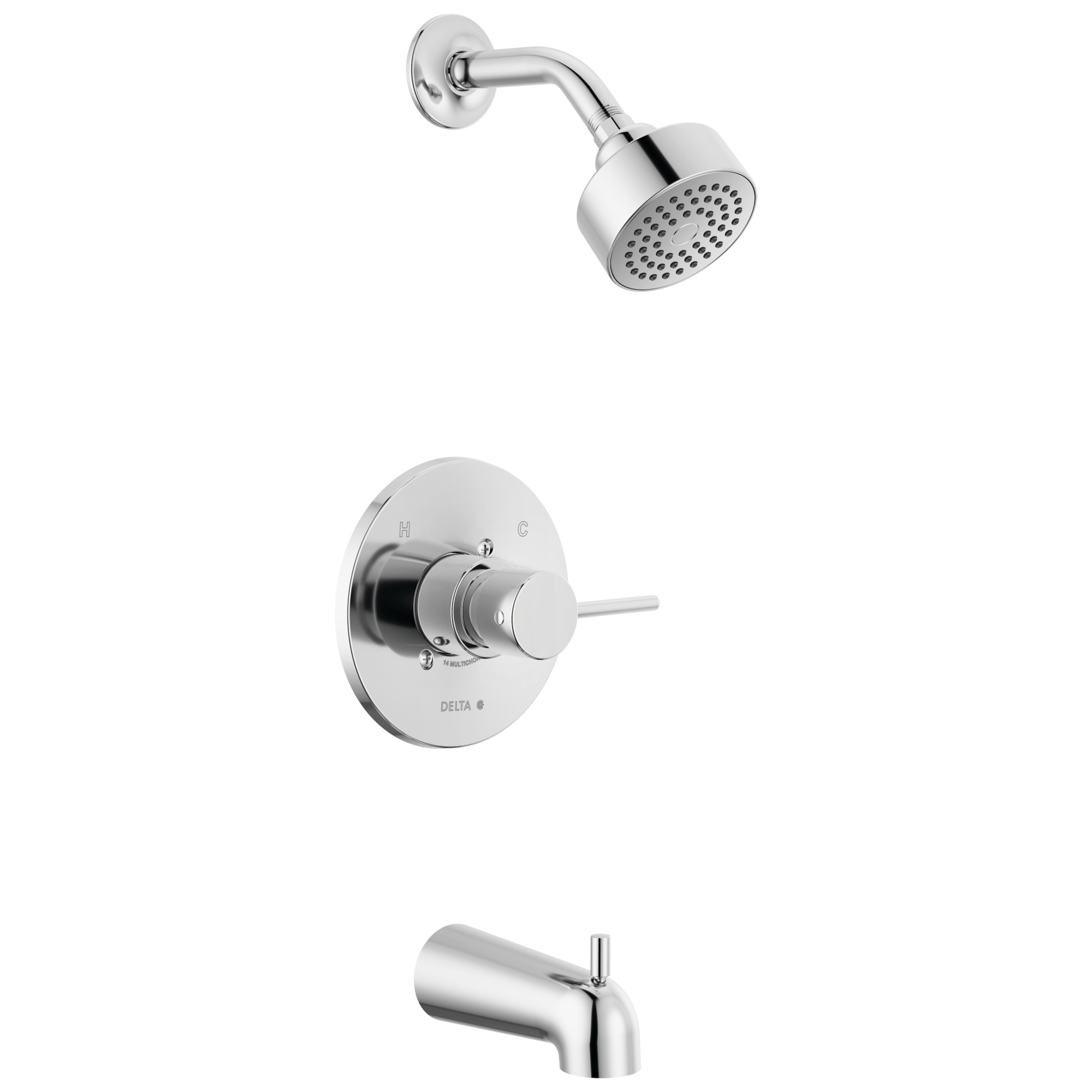 Grifo de bañera y regadera redonda de 3.5 pulgadas de función única con un manija de cromo moderno Delta T14459-PP