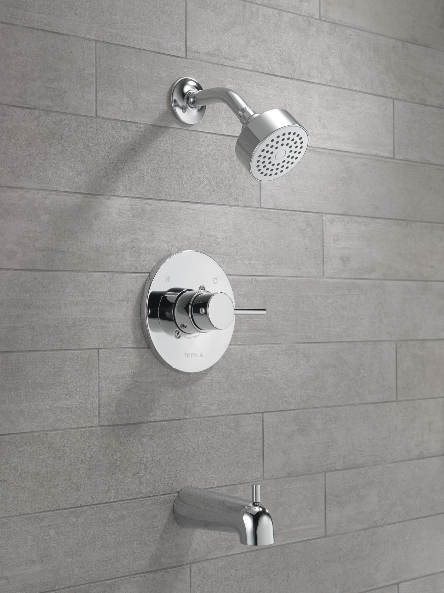 Grifo de bañera y regadera redonda de 3.5 pulgadas de función única con un manija de cromo moderno Delta T14459-PP