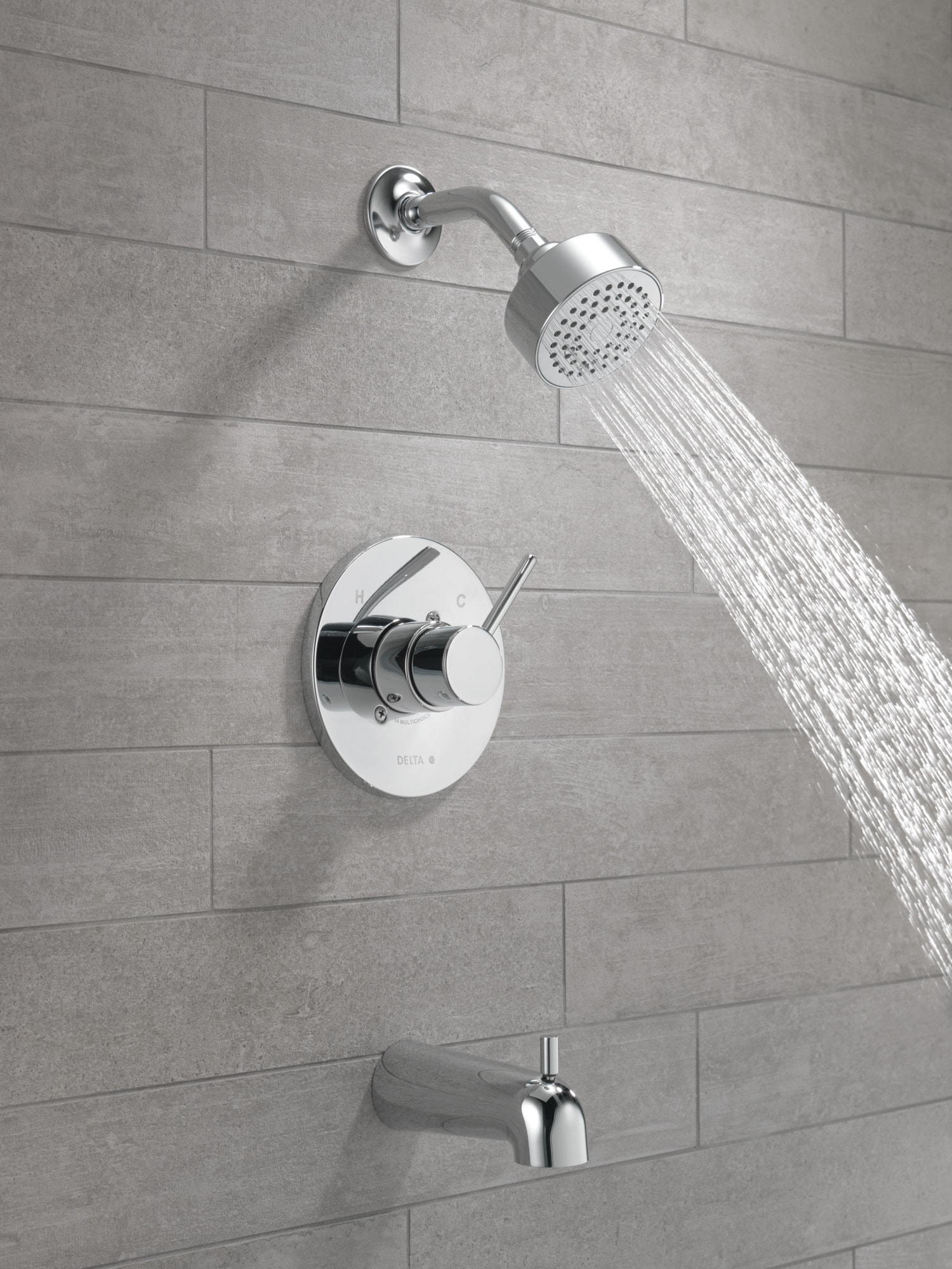 Grifo de bañera y regadera redonda de 3.5 pulgadas de función única con un manija de cromo moderno Delta T14459-PP