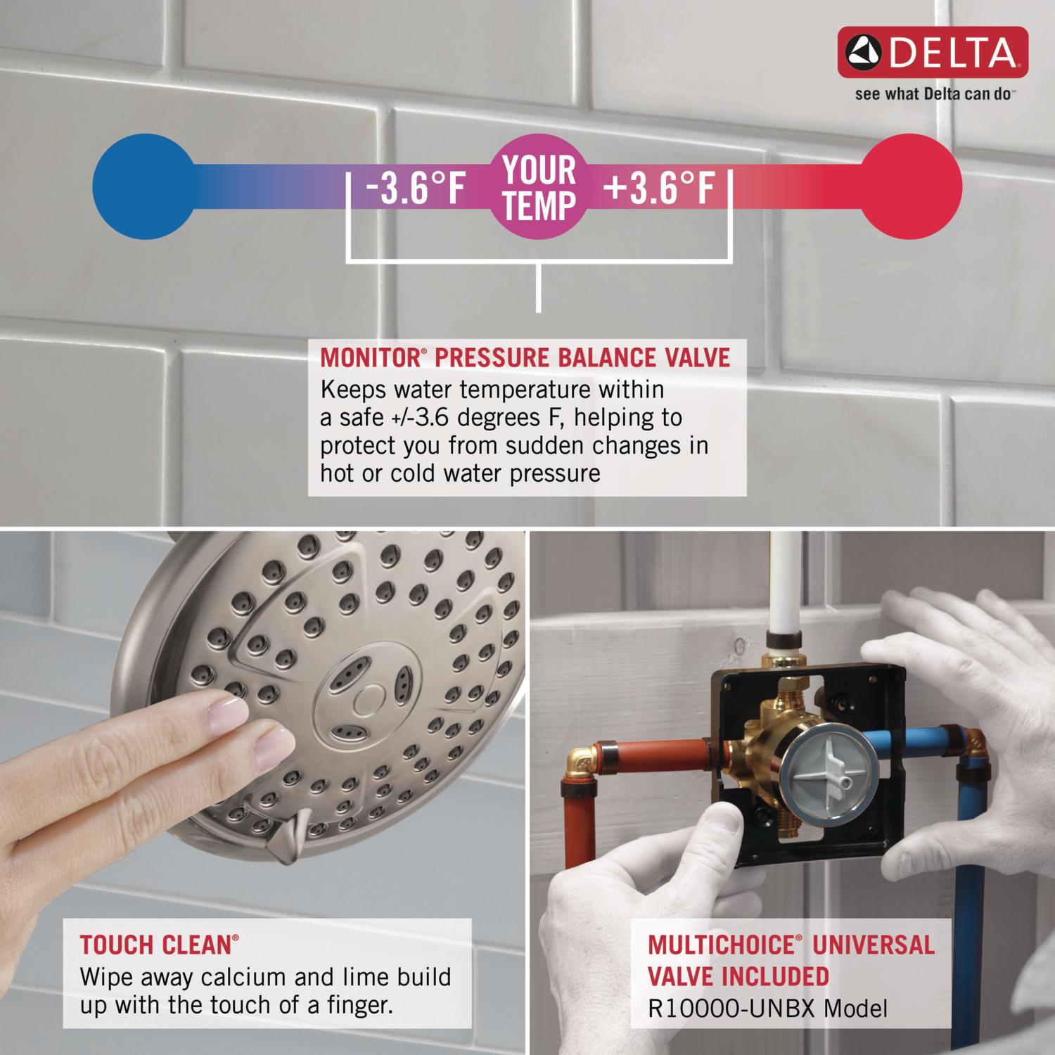 Mezcladora de bañera y regadera redonda de acero inoxidable con una sola manija y funciones múltiples de Delta Nura con Válvula 144710C-SS-I20 de 6.46 pulgadas.