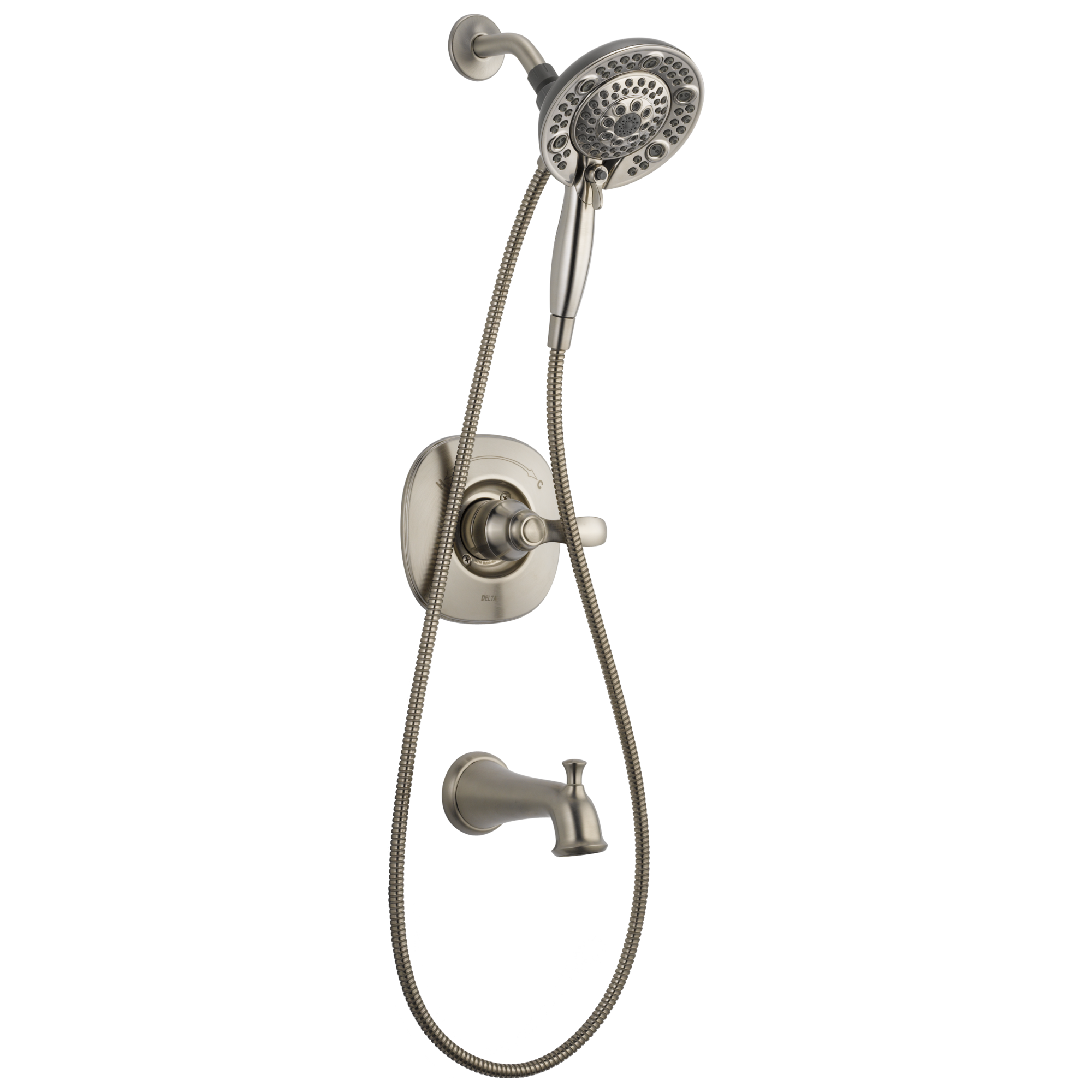 Mezcladora de bañera y regadera redonda de acero inoxidable con una sola manija y funciones múltiples de Delta Nura con Válvula 144710C-SS-I20 de 6.46 pulgadas.