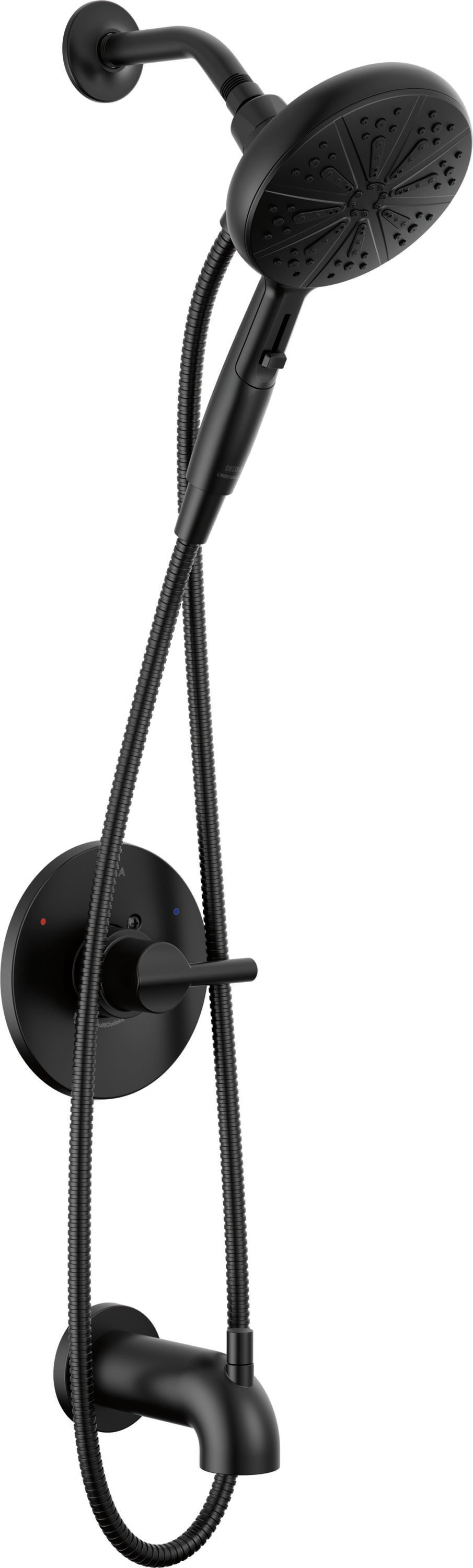Grifo para bañera y ducha redondo de 6.5 pulgadas, de acabado mate negro, con una sola manija y funciones múltiples, marca Delta Nicoli, modelo 144749-BL-HS.