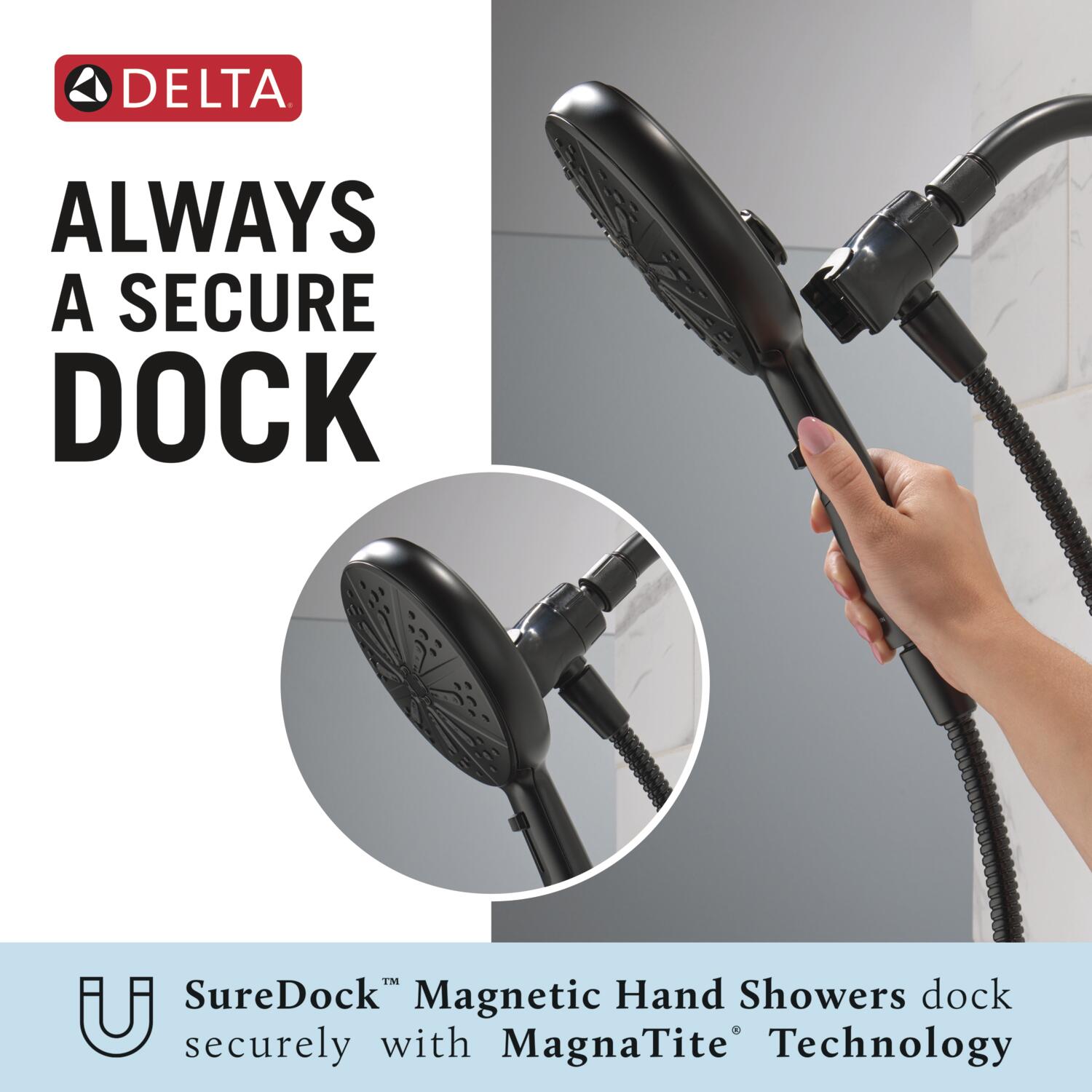 Grifo para bañera y ducha redondo de 6.5 pulgadas, de acabado mate negro, con una sola manija y funciones múltiples, marca Delta Nicoli, modelo 144749-BL-HS.