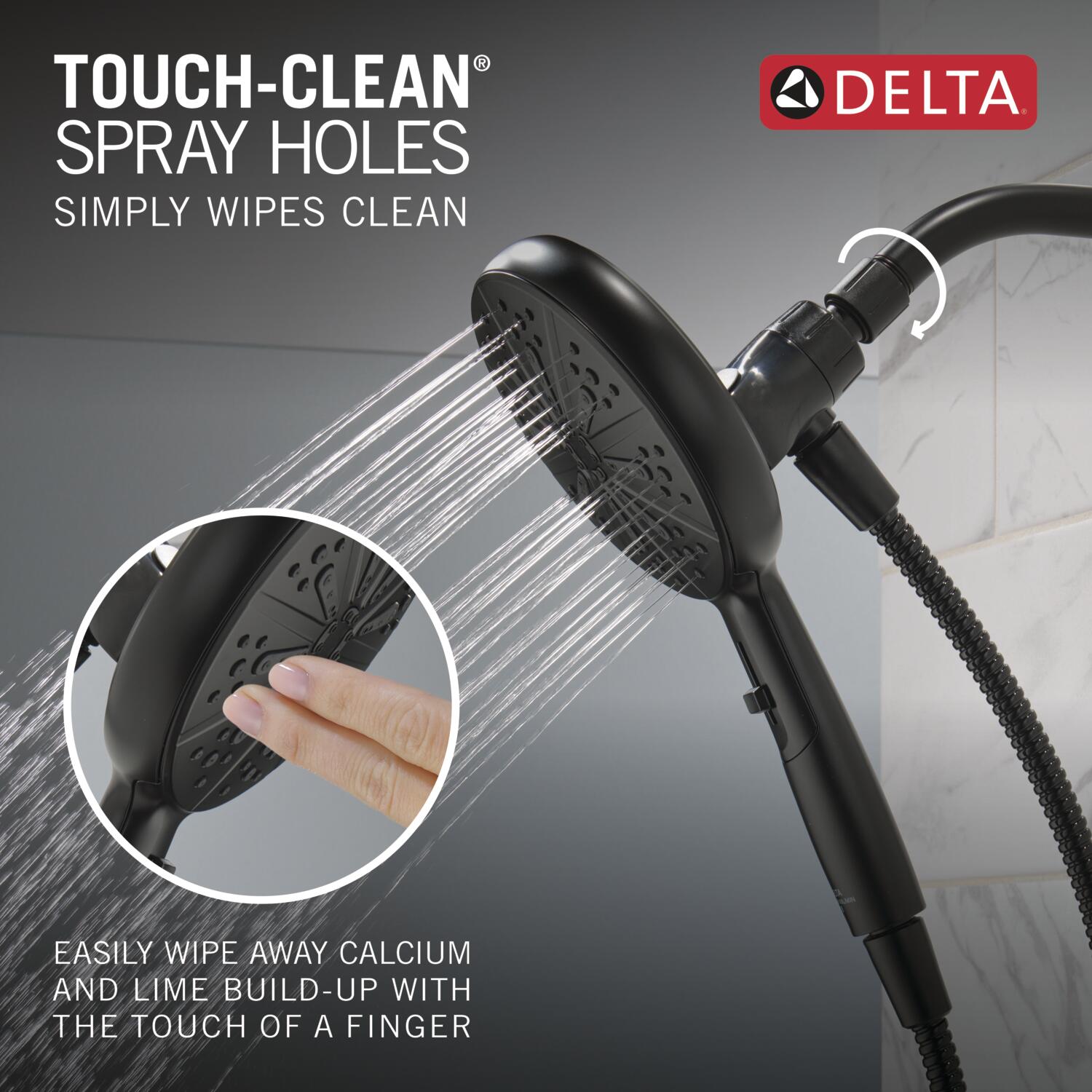 Grifo para bañera y ducha redondo de 6.5 pulgadas, de acabado mate negro, con una sola manija y funciones múltiples, marca Delta Nicoli, modelo 144749-BL-HS.