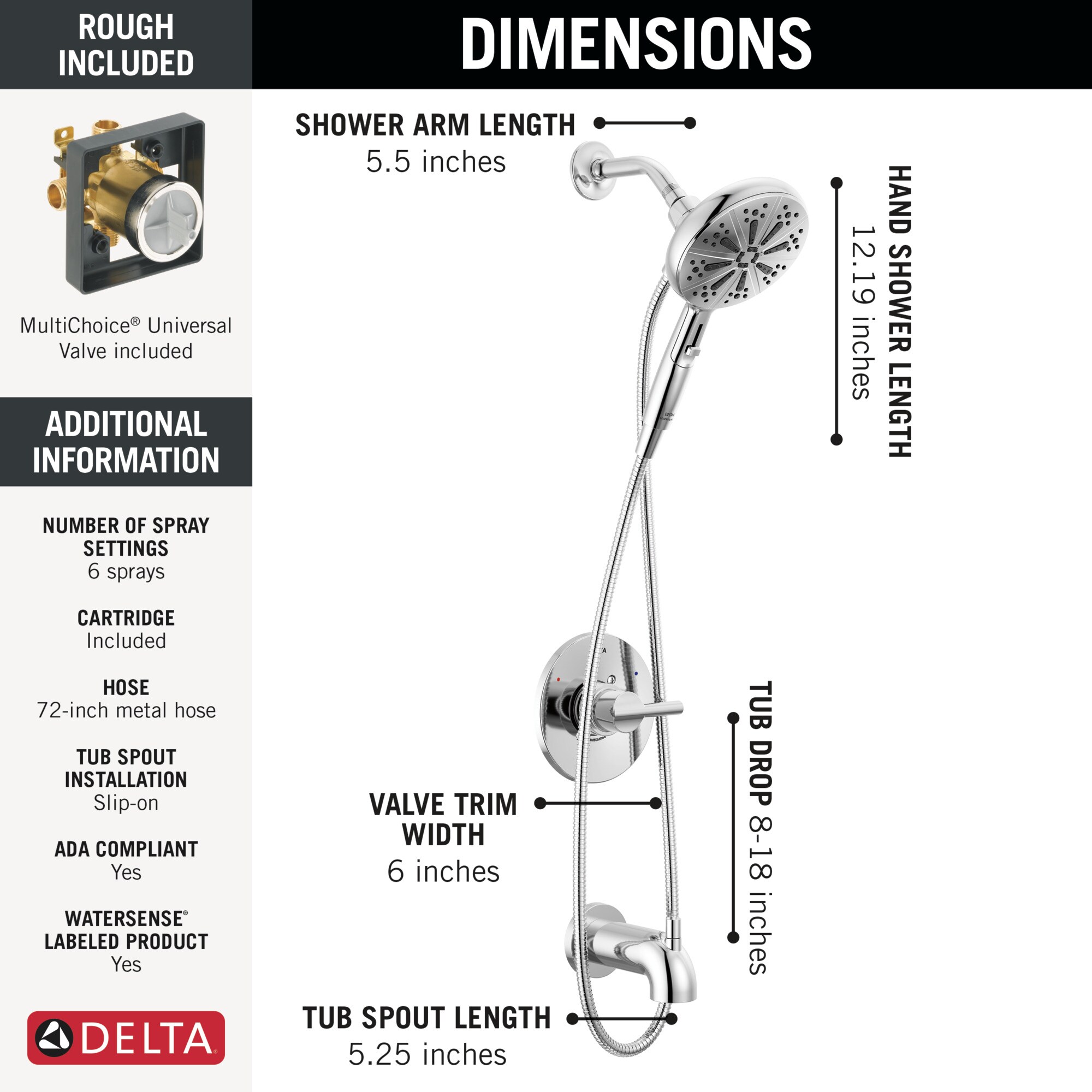 Llave Mezcladora para Tina y Ducha con Acabado en Cromo Pulido de Mango Único y Función Múltiple de 6.5 pulgadas de Diámetro de la Marca Delta con Válvula 144749-HS