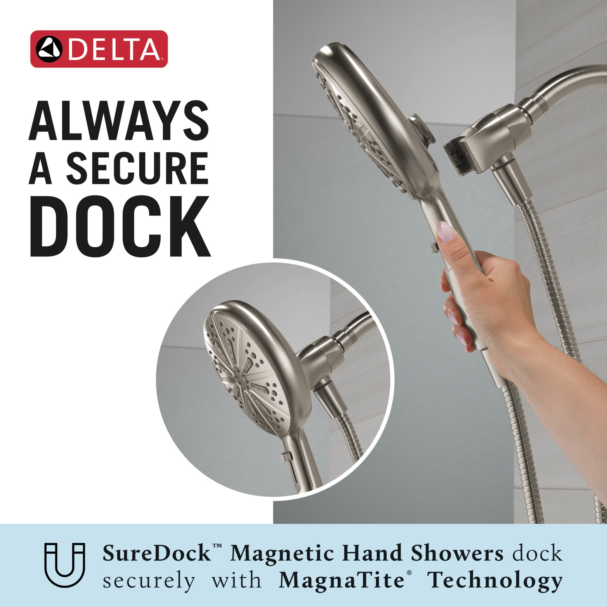 Grifería para bañera y regadera redonda de acero inoxidable Nicoli de Delta con 1 manija y función múltiple de 6.5 pulgadas, incluye válvula 144749-SS-HS.