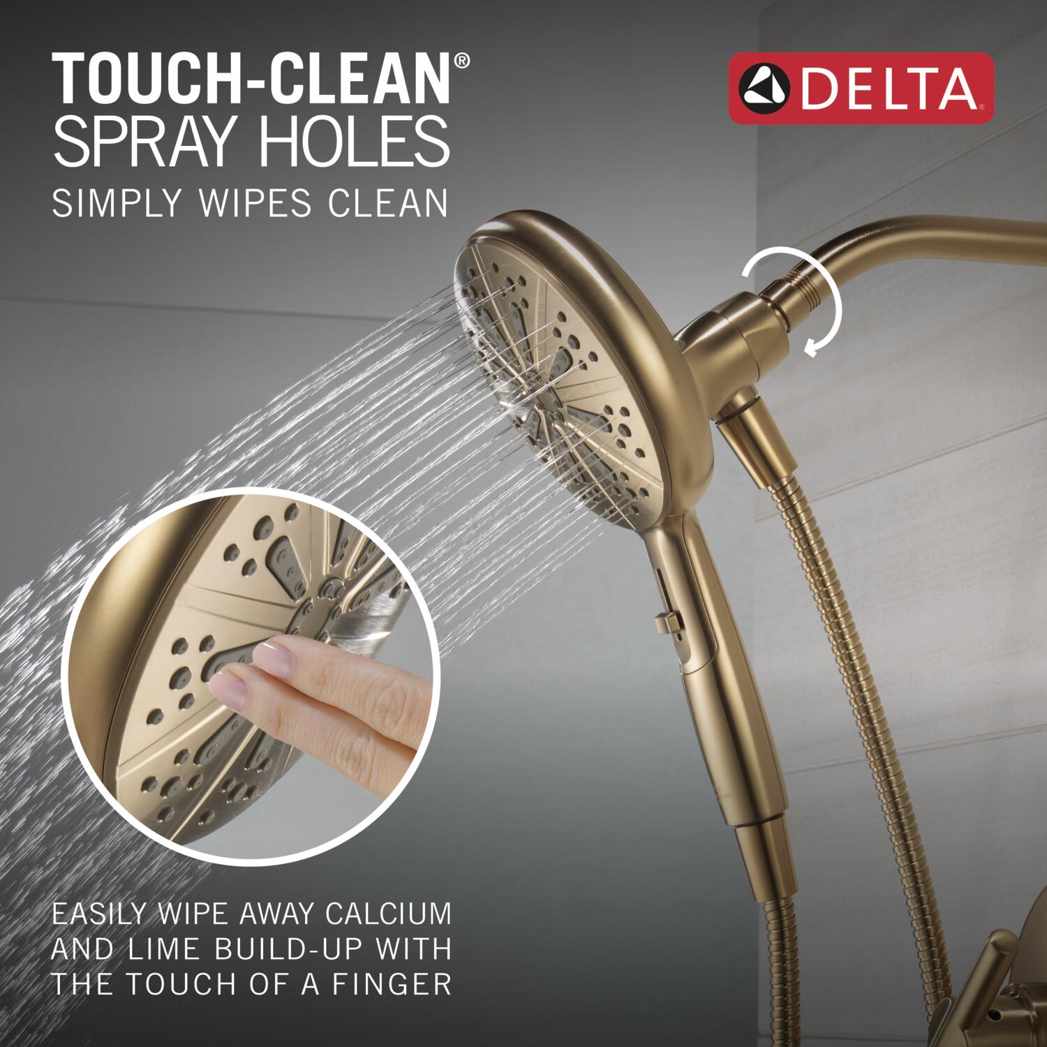 Grifo de bañera y ducha redondo de 6.5 pulgadas con una sola manija y funciones múltiples en color bronce champagne de Delta Nicoli con válvula 144749-CZ-HS.