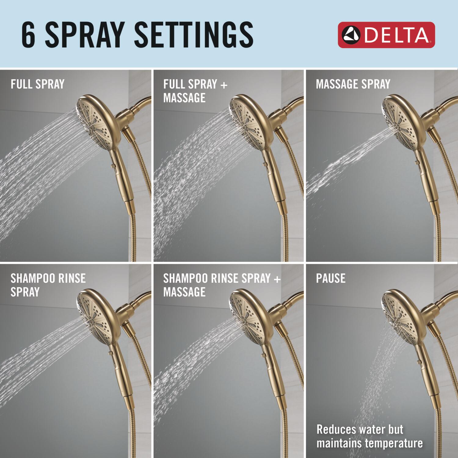 Grifo de bañera y ducha redondo de 6.5 pulgadas con una sola manija y funciones múltiples en color bronce champagne de Delta Nicoli con válvula 144749-CZ-HS.