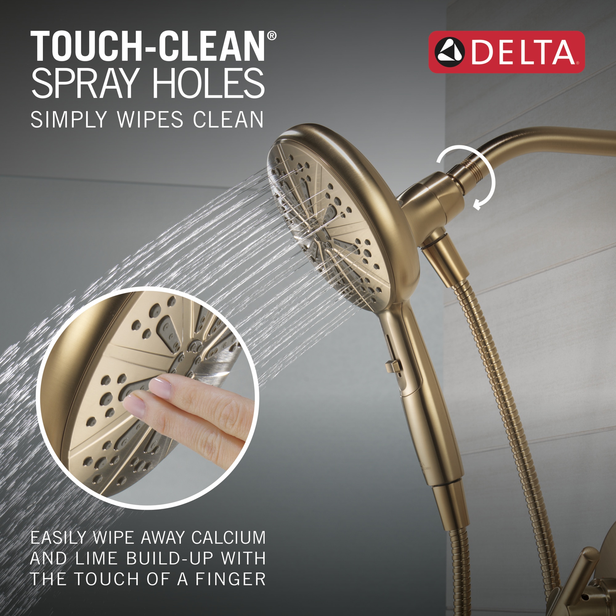 Grifo de bañera y ducha redondo de 6.5 pulgadas con una sola manija y funciones múltiples en color bronce champagne de Delta Nicoli con válvula 144749-CZ-HS.