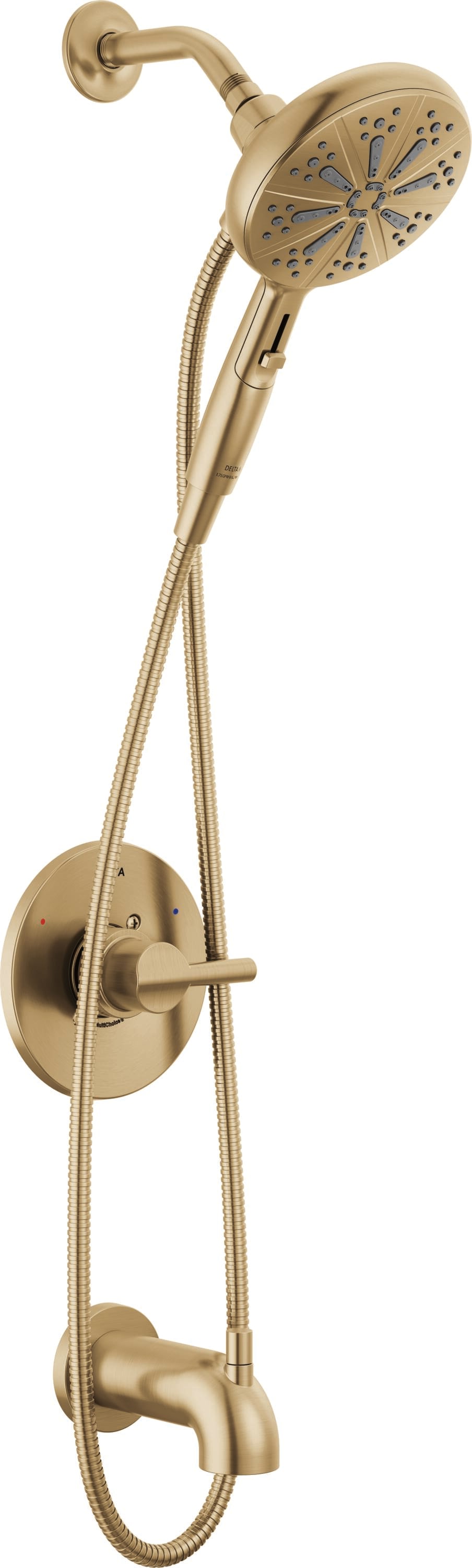 Grifo de bañera y ducha redondo de 6.5 pulgadas con una sola manija y funciones múltiples en color bronce champagne de Delta Nicoli con válvula 144749-CZ-HS.