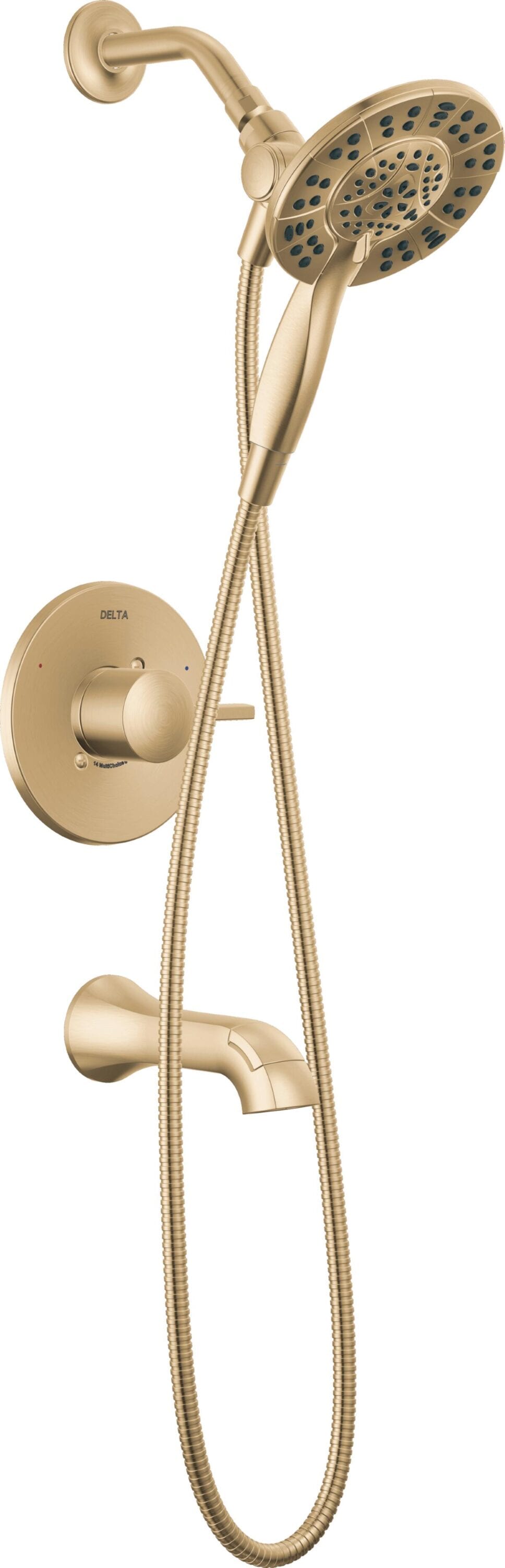 Grifo de bañera y ducha redondo de 6.0 pulgadas con 1 mango y función múltiple en bronce Champagne Delta Albion T144855-CZ-I