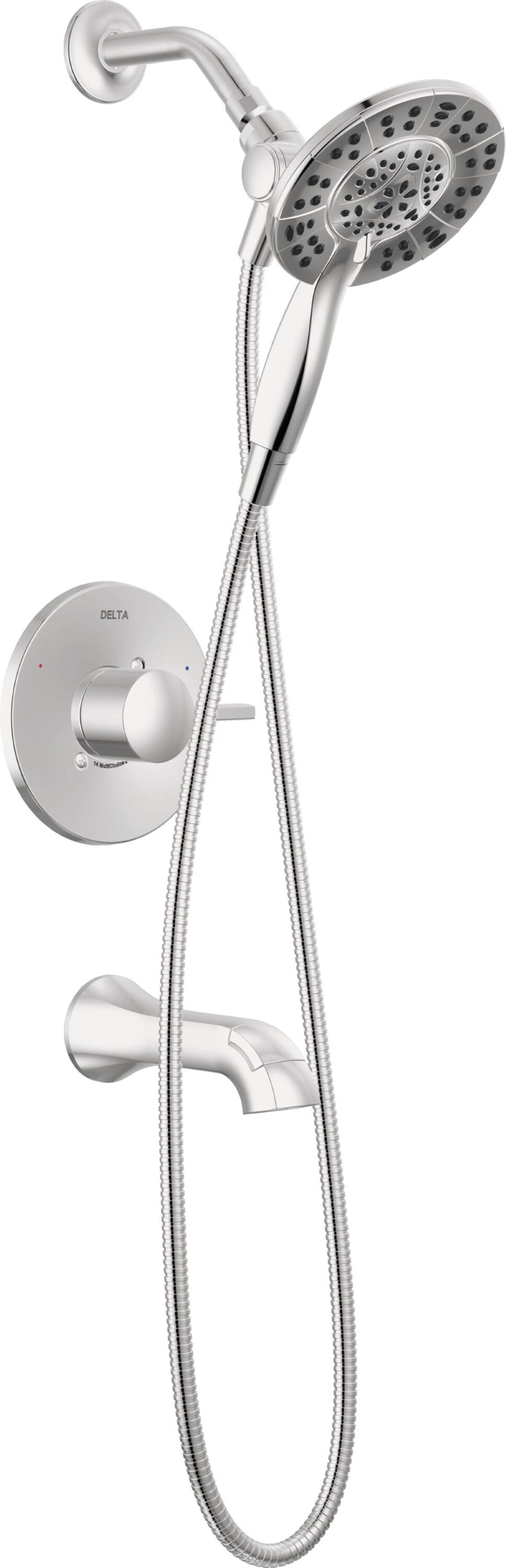 Grifo de bañera y ducha redondo de 6.0 pulgadas con 1 mango y funciones múltiples en cromo Delta Albion T144855-I.