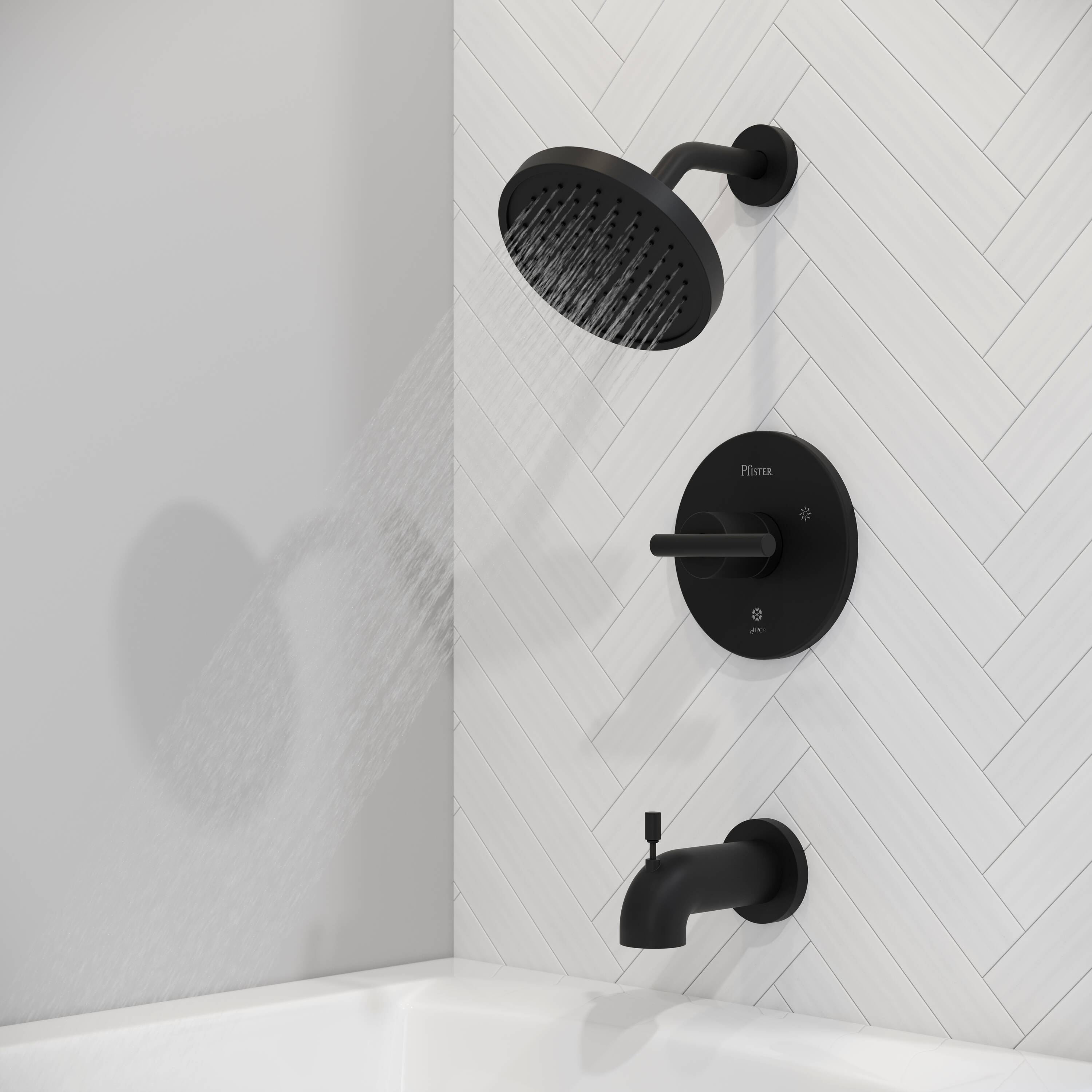 Mezcladora para bañera y ducha redonda de 7.0 pulgadas, de un solo mango y función única en negro mate Contempra Pfister LG89-8NCB