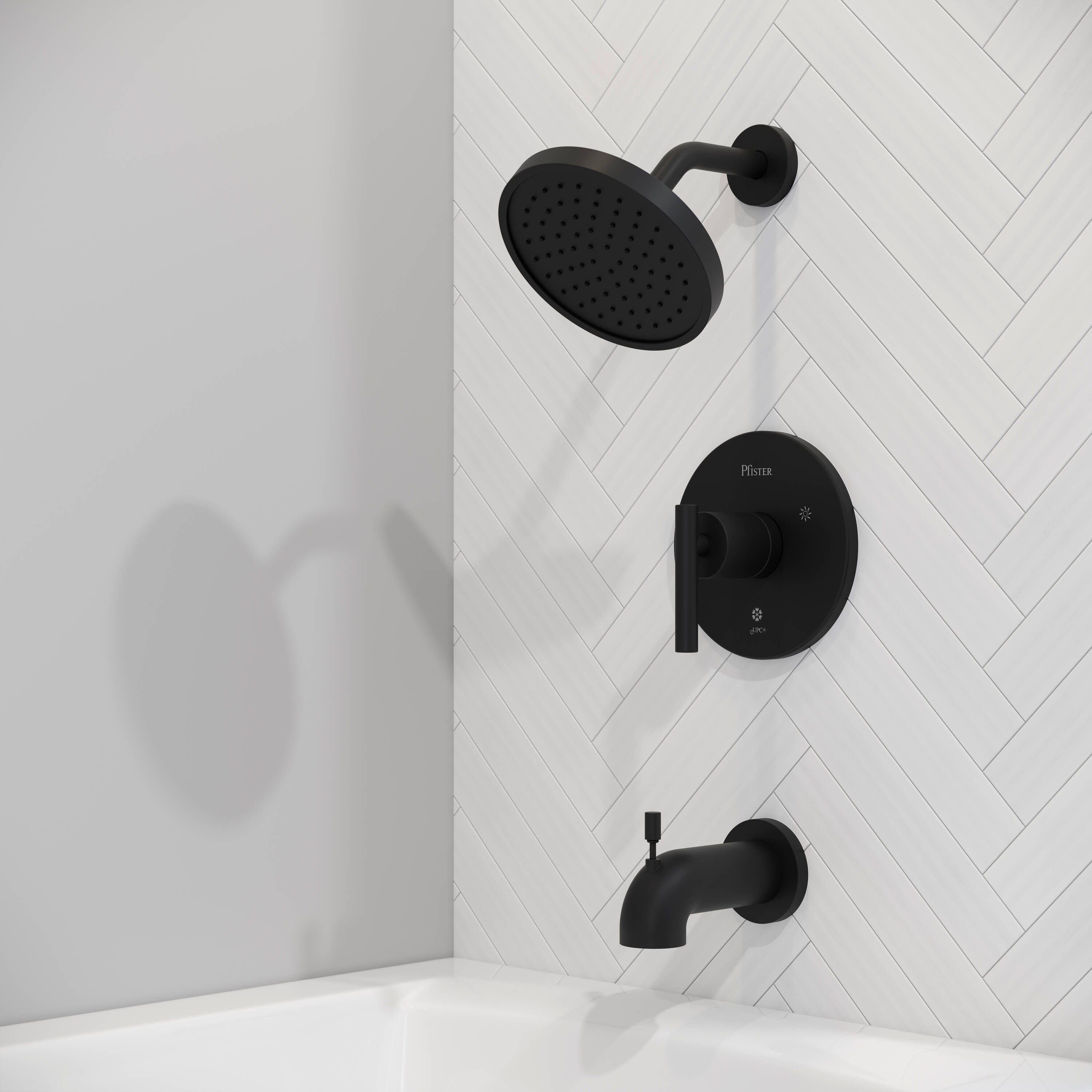 Mezcladora para bañera y ducha redonda de 7.0 pulgadas, de un solo mango y función única en negro mate Contempra Pfister LG89-8NCB
