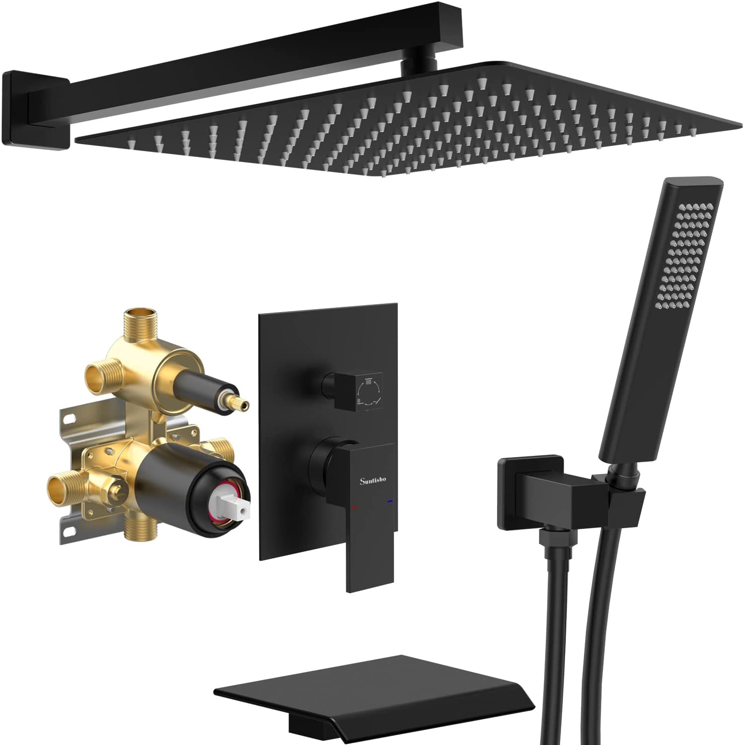 Sistema de regadera de lluvia WELLFOR DT Mayte Negro con 1 mango, función única, cuadrada de 12 pulgadas para bañera y regadera con válvula DTG-806CS16ORB.