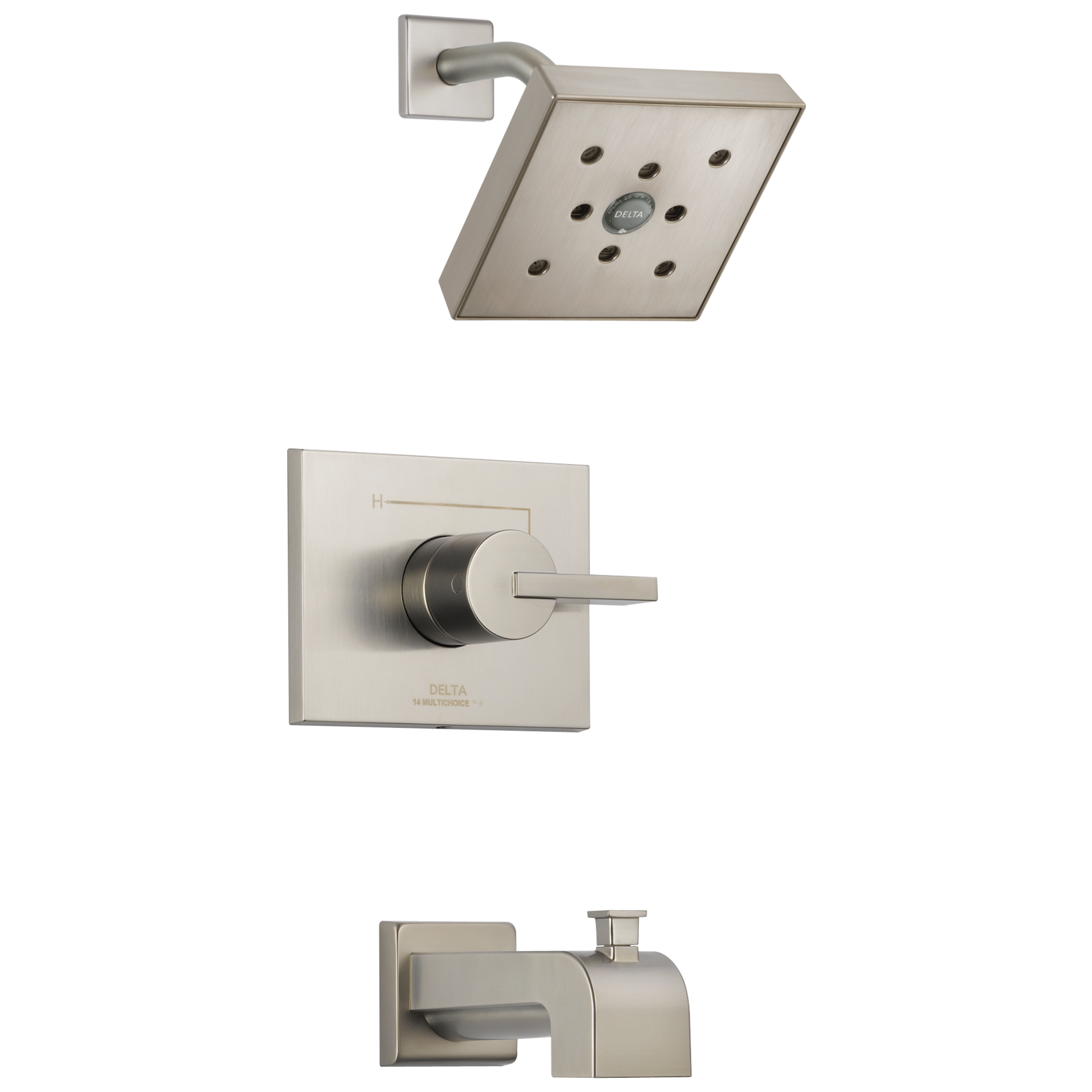 Grifo de bañera y ducha cuadrado de 6 pulgadas con una sola manija de acero inoxidable Delta Vero, incluye válvula de función única T14453-SSH2O.