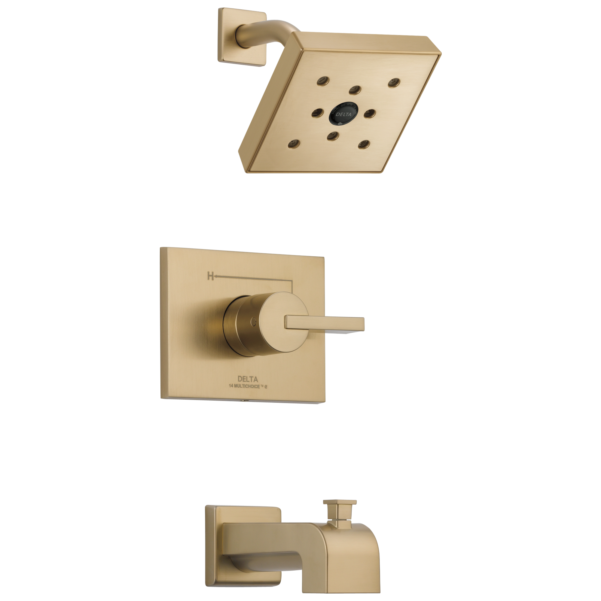 Grifo de bañera y ducha de una manija y función única en color bronce champagne, cuadrado de 6.0 pulgadas de la serie Delta Vero