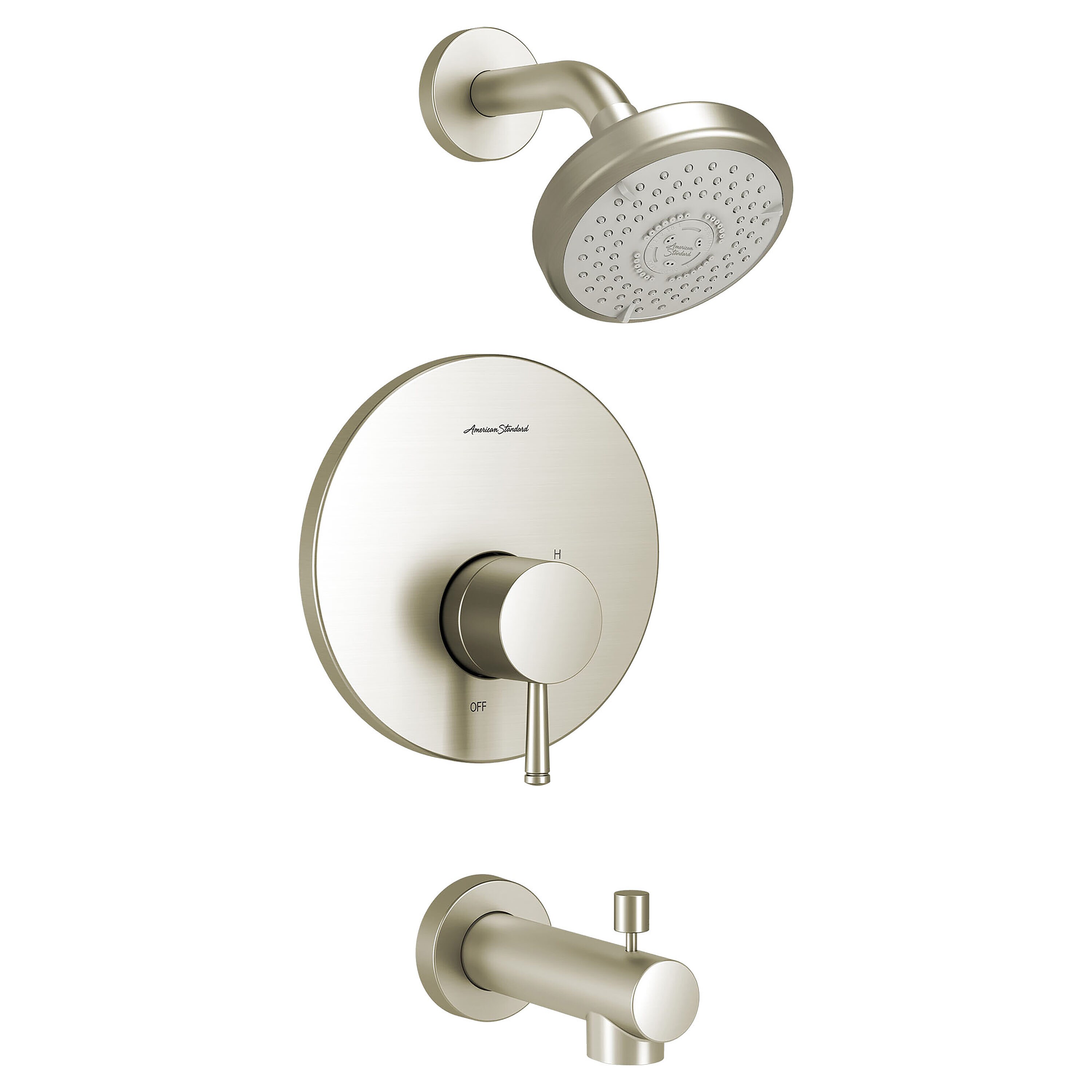 Grifo de Bañera y Ducha Redondo de 2.375 Pulgadas de American Standard Serin en Níquel Cepillado con 1 Mango y Funciones Múltiples TU064508.295