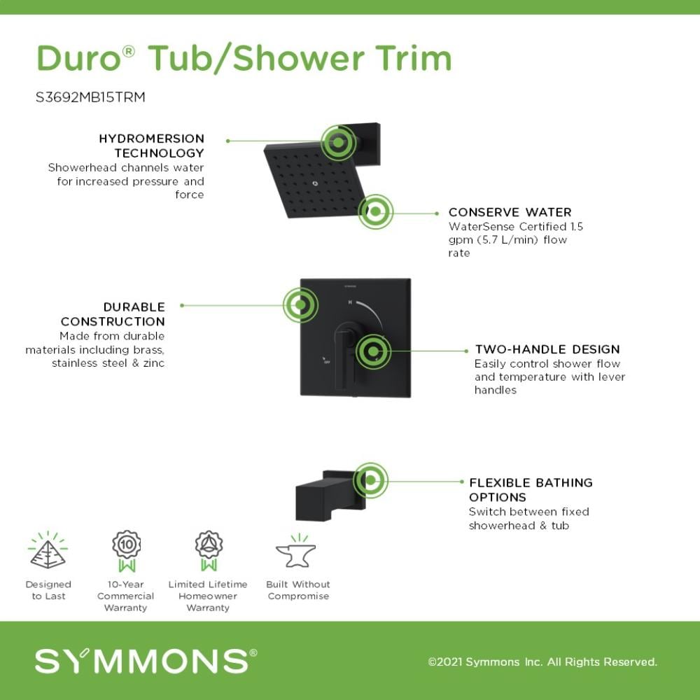 Grifo de bañera y ducha de una sola función con 1 manija en negro mate Duro Symmons de 4.92 pulgadas cuadradas