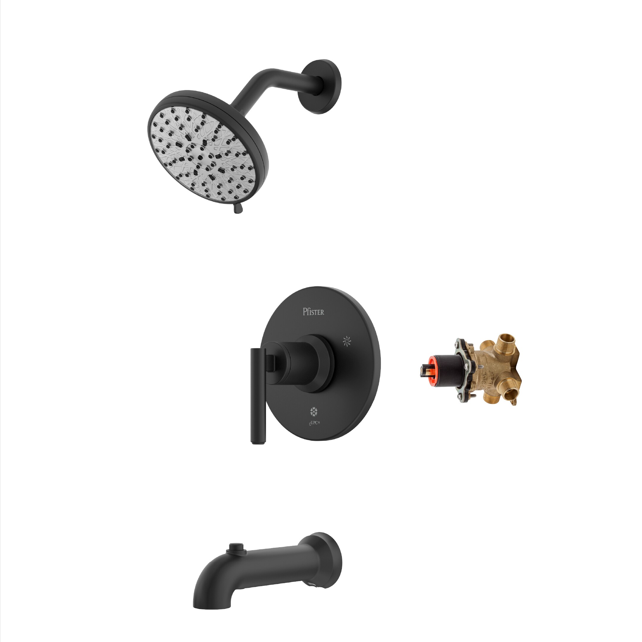 Mezcladora de Bañera y Ducha Redonda Mate Negro de 1 Manija Pfister Capistrano con Protección Spot Defense de 5.563 pulgadas y Función múltiple con Válvula