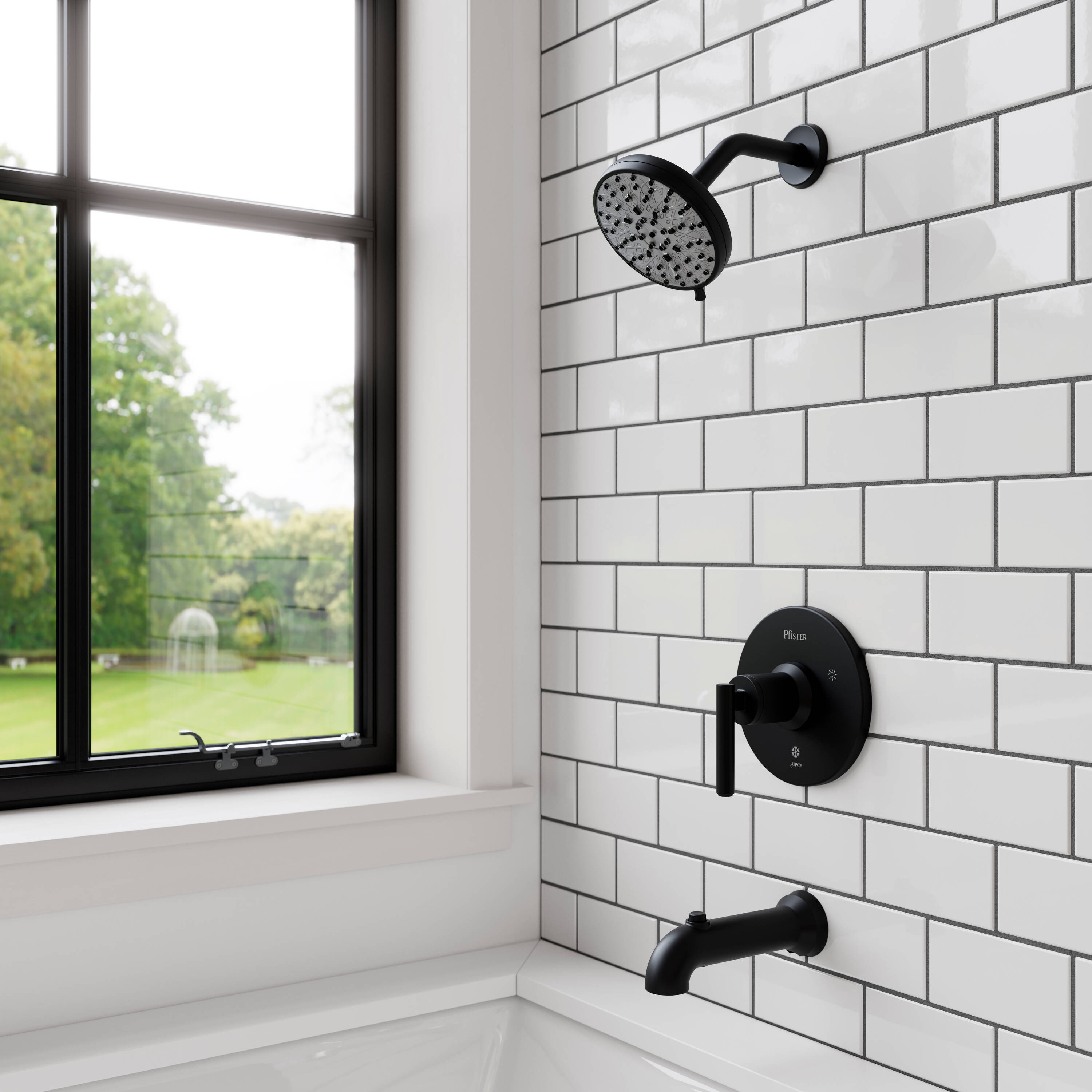 Mezcladora de Bañera y Ducha Redonda Mate Negro de 1 Manija Pfister Capistrano con Protección Spot Defense de 5.563 pulgadas y Función múltiple con Válvula