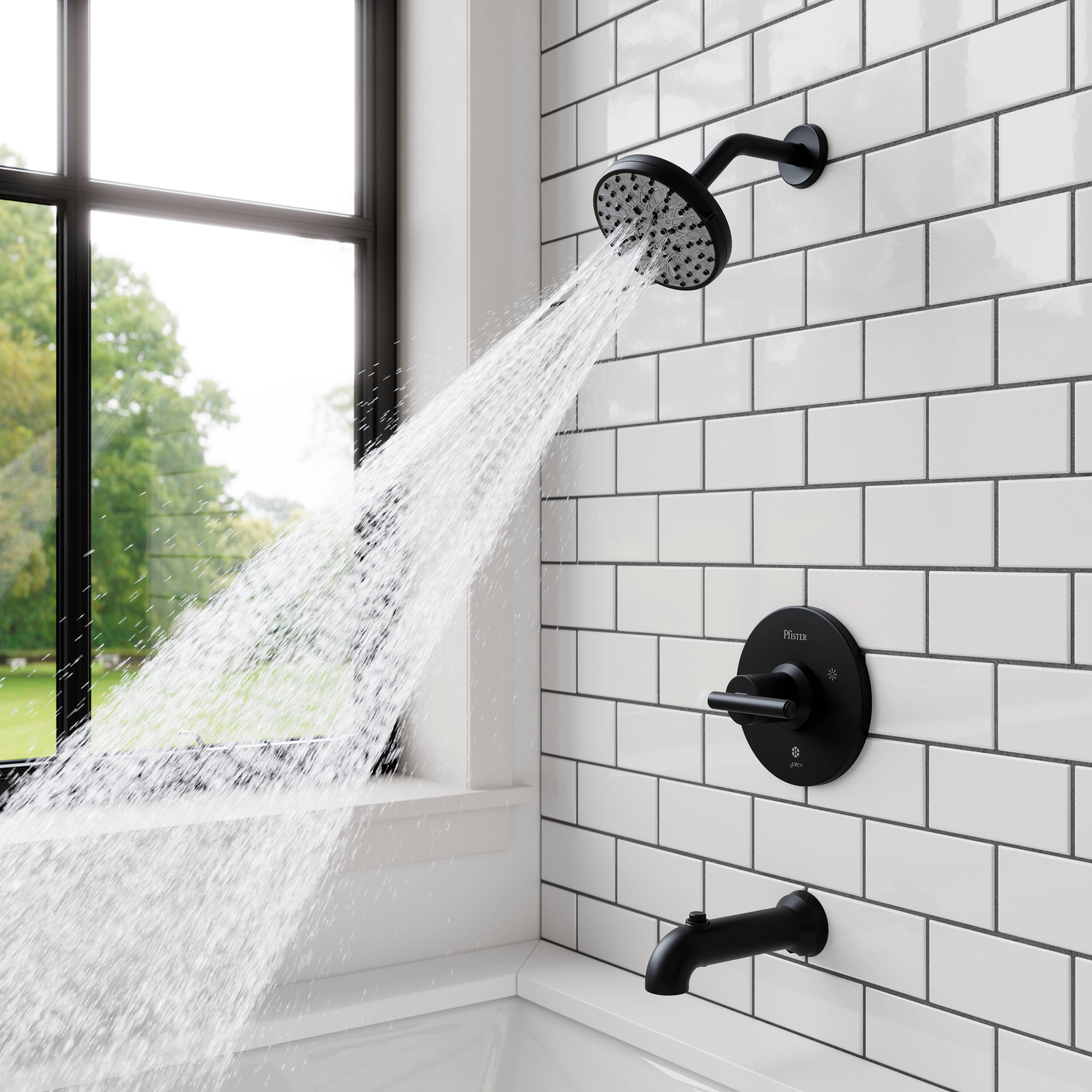 Mezcladora de Bañera y Ducha Redonda Mate Negro de 1 Manija Pfister Capistrano con Protección Spot Defense de 5.563 pulgadas y Función múltiple con Válvula