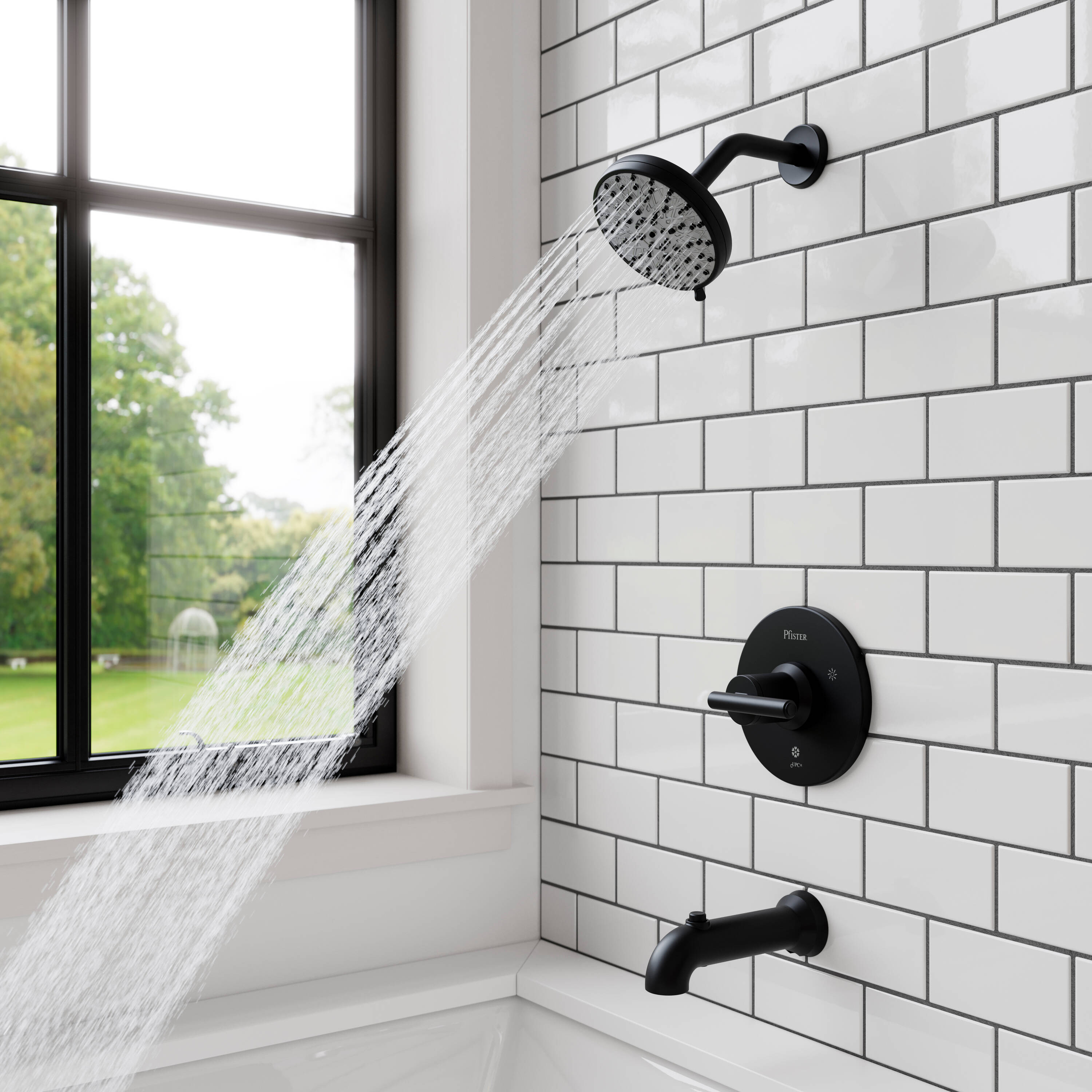 Mezcladora de Bañera y Ducha Redonda Mate Negro de 1 Manija Pfister Capistrano con Protección Spot Defense de 5.563 pulgadas y Función múltiple con Válvula