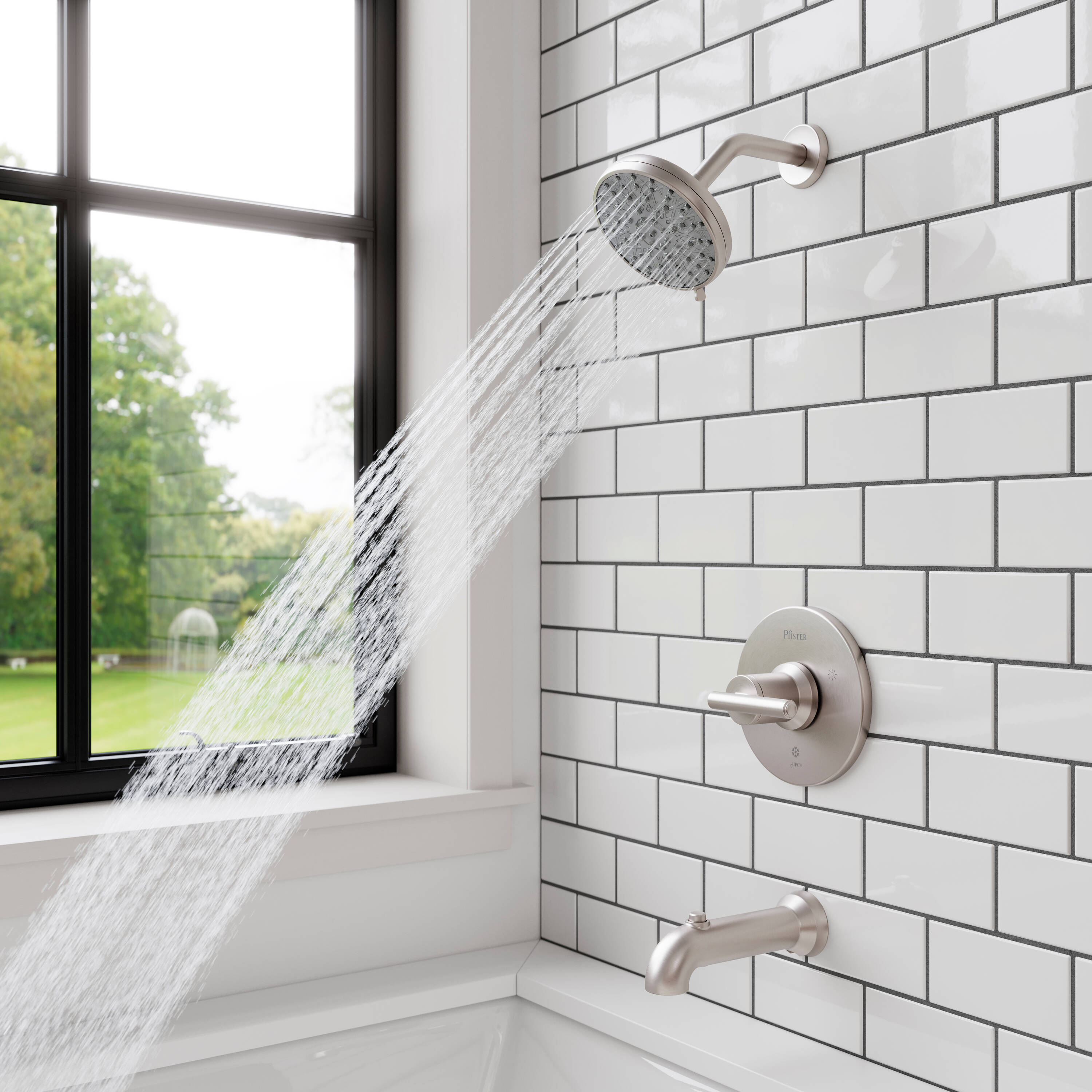Grifo para bañera y ducha redondo de 1 manija y función múltiple de 5.563 pulgadas con recubrimiento Spot Defense de níquel cepillado Capistrano de Pfister y válvula 8P8-WS2-CSOSGS.