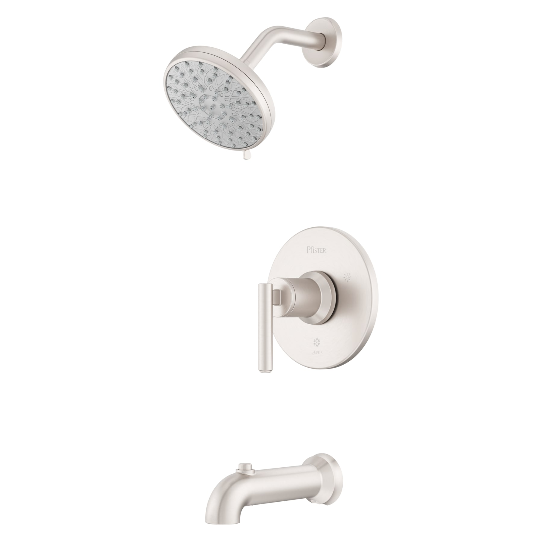 Grifo para bañera y ducha redondo de 1 manija y función múltiple de 5.563 pulgadas con recubrimiento Spot Defense de níquel cepillado Capistrano de Pfister y válvula 8P8-WS2-CSOSGS.