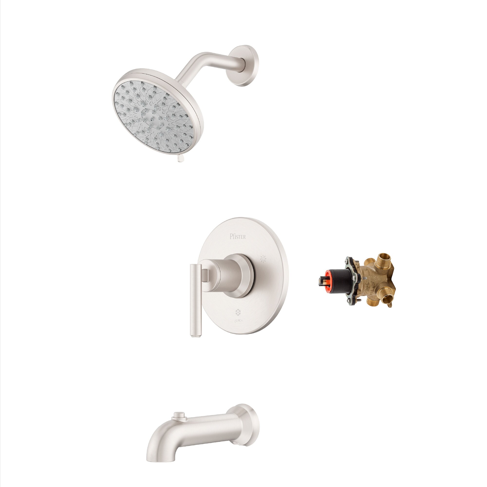 Grifo para bañera y ducha redondo de 1 manija y función múltiple de 5.563 pulgadas con recubrimiento Spot Defense de níquel cepillado Capistrano de Pfister y válvula 8P8-WS2-CSOSGS.