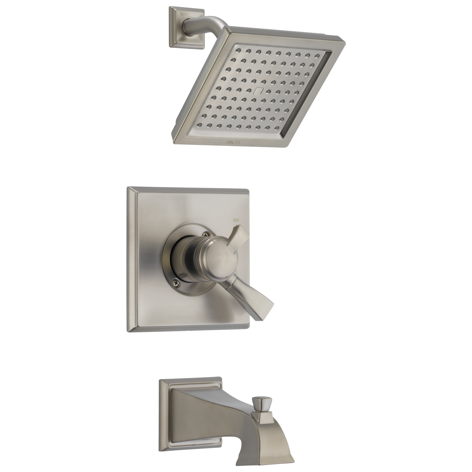 Grifo para bañera y ducha de 2 manijas con función única de acero inoxidable Delta Dryden, cuadrado de 6.5625 pulgadas.