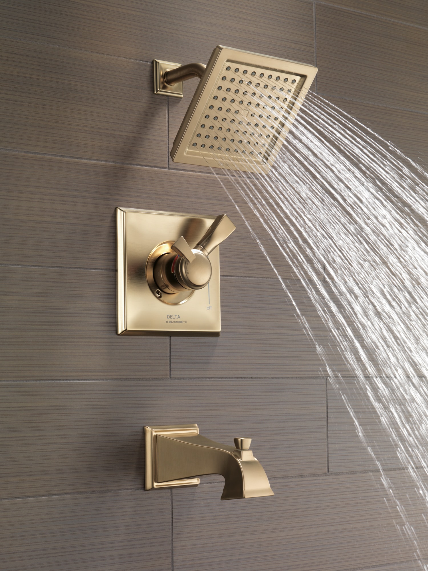 Grifo para bañera y ducha de 2 manijas, función única, color bronce champagne, Dryden Delta, cuadrado de 6.5625 pulgadas