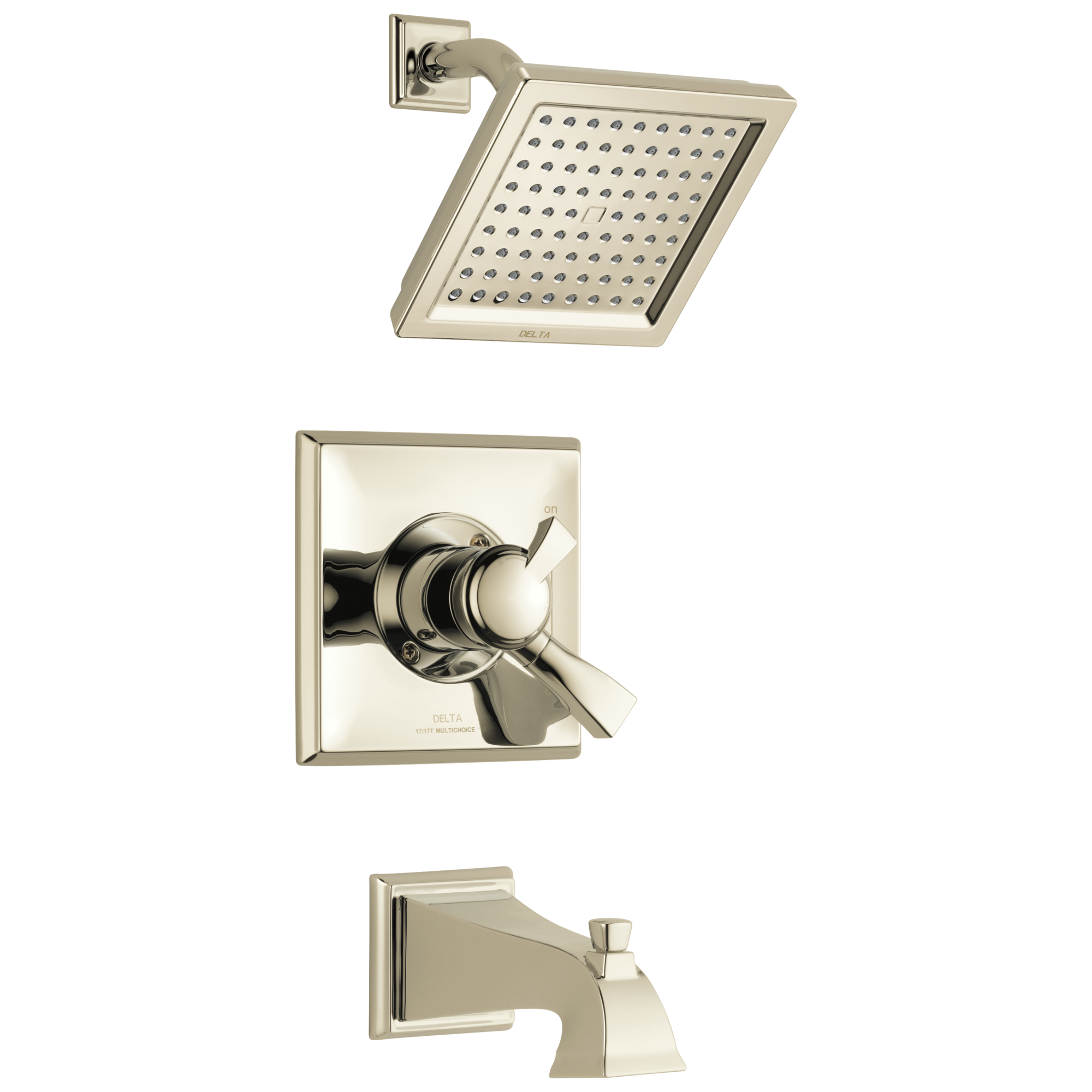 Grifo de bañera y ducha de función única de 2 manijas en níquel pulido Delta Dryden 6.5625 pulgadas cuadradas T17451-PN-WE