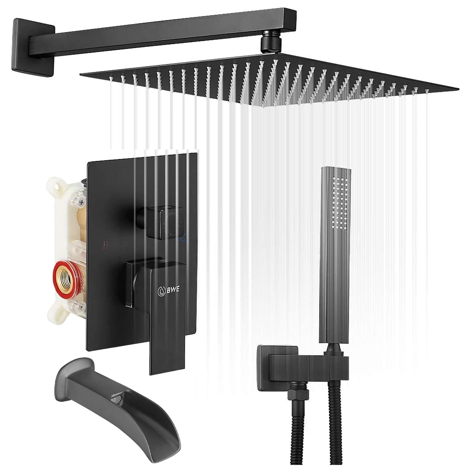 Regadera Negra Mate con 1 Manija Multi-función de 12 pulgadas para Bañera y Ducha con Válvula A-95019-NEGRO
