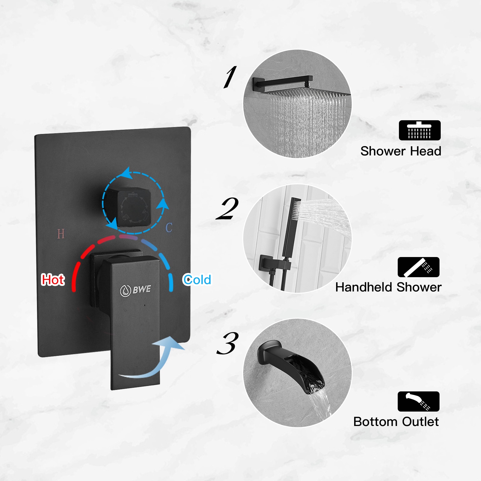 Regadera Negra Mate con 1 Manija Multi-función de 12 pulgadas para Bañera y Ducha con Válvula A-95019-NEGRO