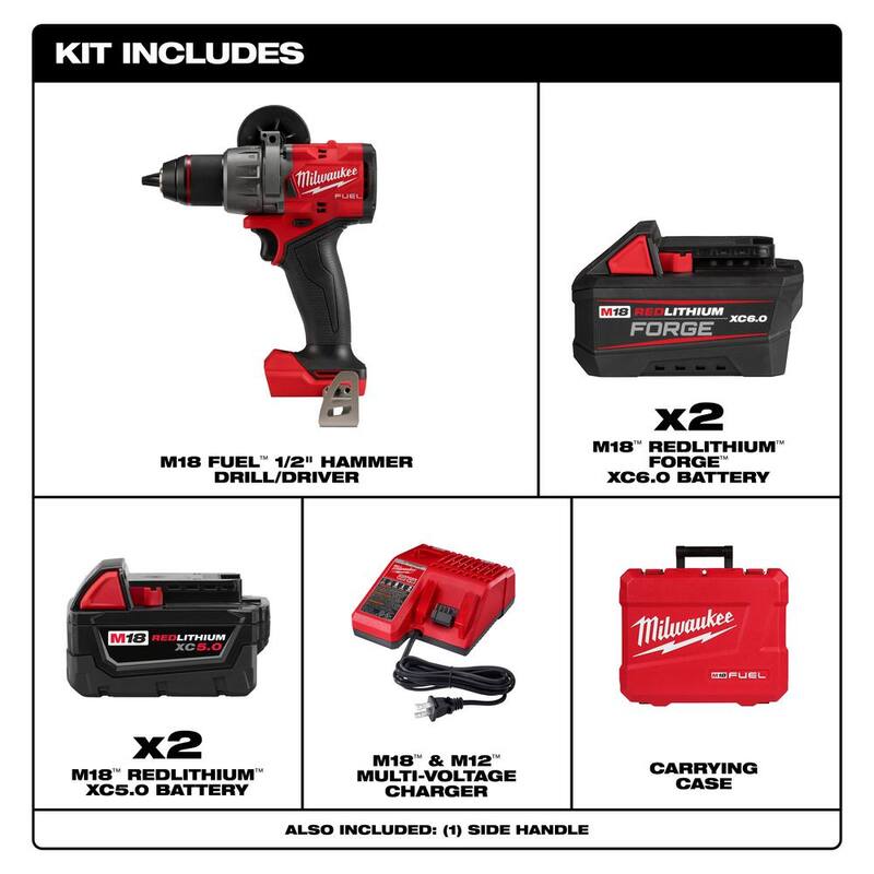 Kit de Taladro de Martillo Inalámbrico Milwaukee M18 FUEL 18V de Iones de Litio sin Escobillas de 1/2 pulg. con dos baterías de 5.0 Ah y (2) baterías FORGE de 6 Ah - 2904-22-48-11-1861P
