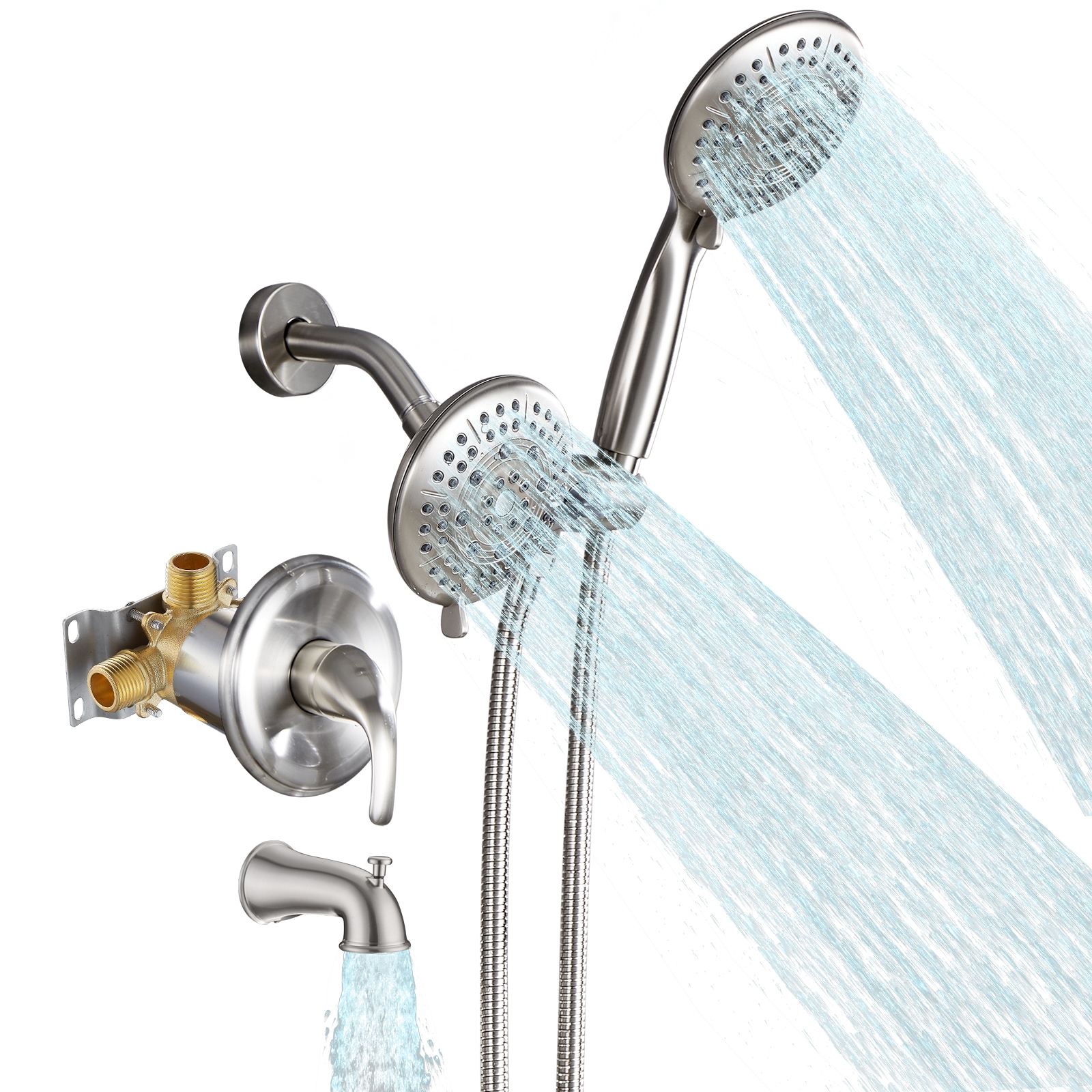 Grifo de bañera y regadera redonda de 4.9 pulgadas con mango de níquel de una sola manija Cobbe Nickel y válvula LSSFK0206N