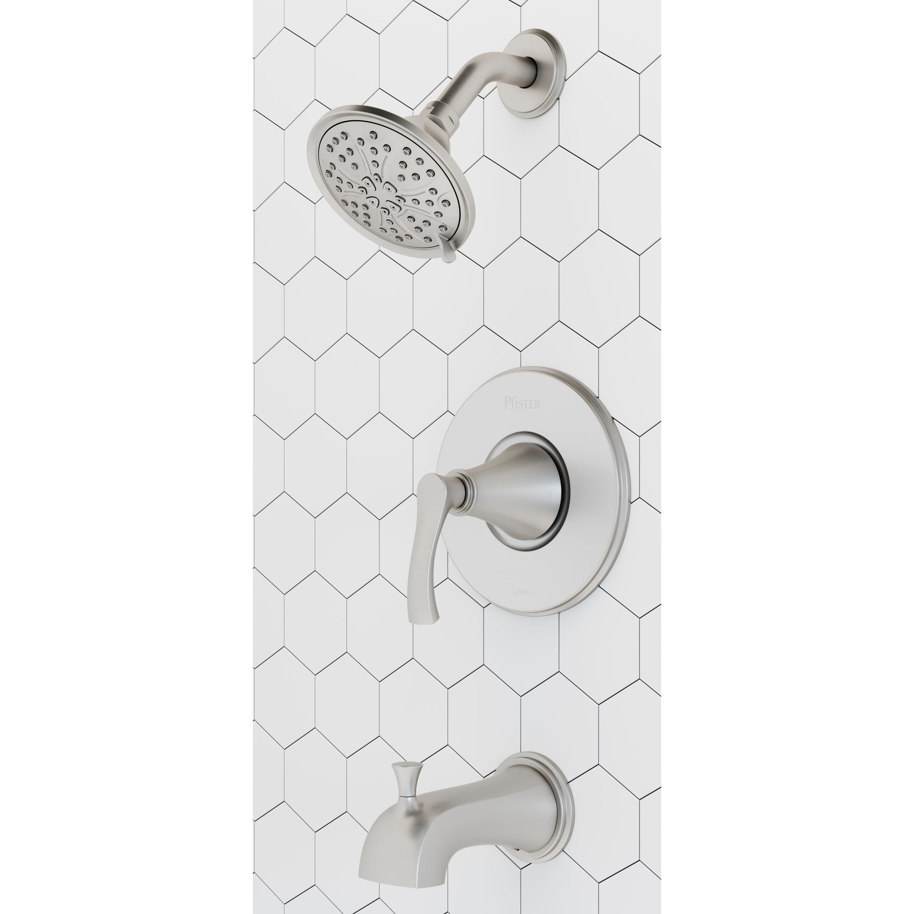 Grifo para bañera y ducha redondo de 4.91 pulgadas con acabado en níquel cepillado y tecnología de defensa contra manchas, de una sola manija y múltiples funciones "Auden" de Pfister con válvula 8P8-WS2-ADSGS.