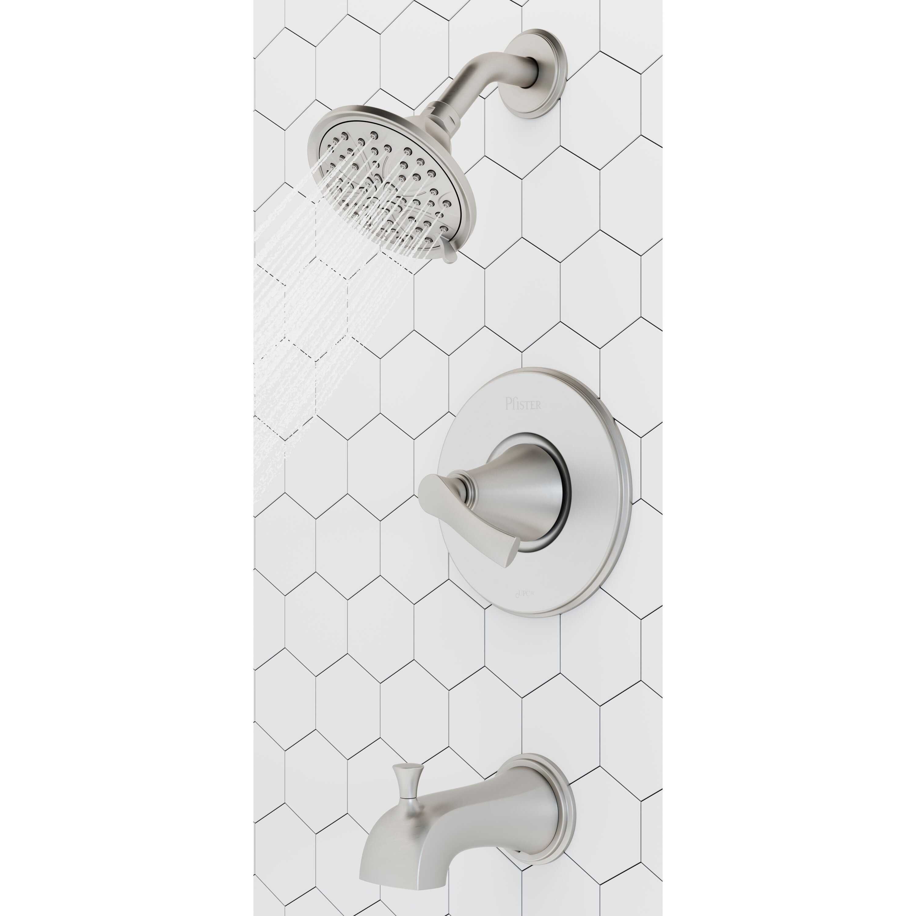Grifo para bañera y ducha redondo de 4.91 pulgadas con acabado en níquel cepillado y tecnología de defensa contra manchas, de una sola manija y múltiples funciones "Auden" de Pfister con válvula 8P8-WS2-ADSGS.