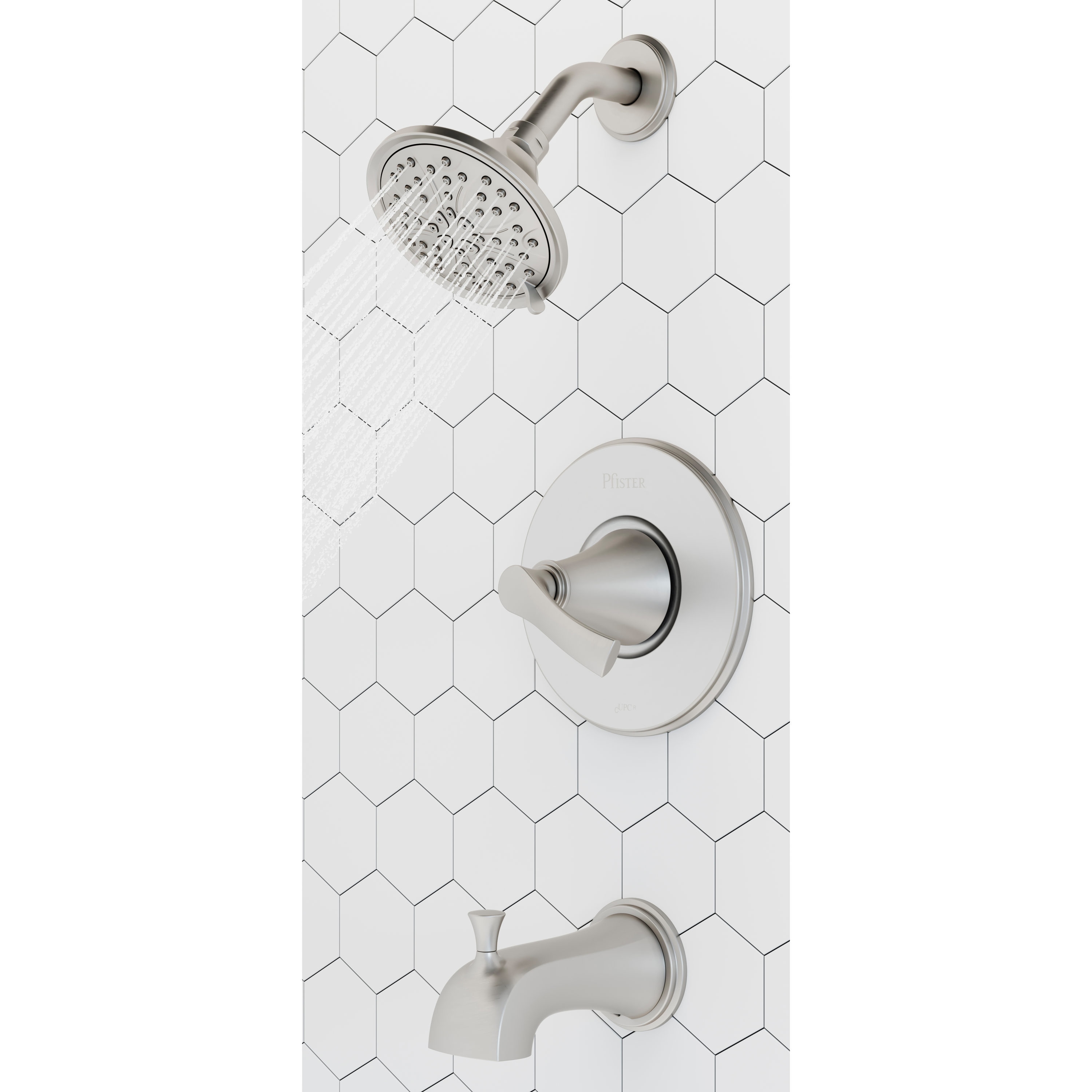 Grifo para bañera y ducha redondo de 4.91 pulgadas con acabado en níquel cepillado y tecnología de defensa contra manchas, de una sola manija y múltiples funciones "Auden" de Pfister con válvula 8P8-WS2-ADSGS.