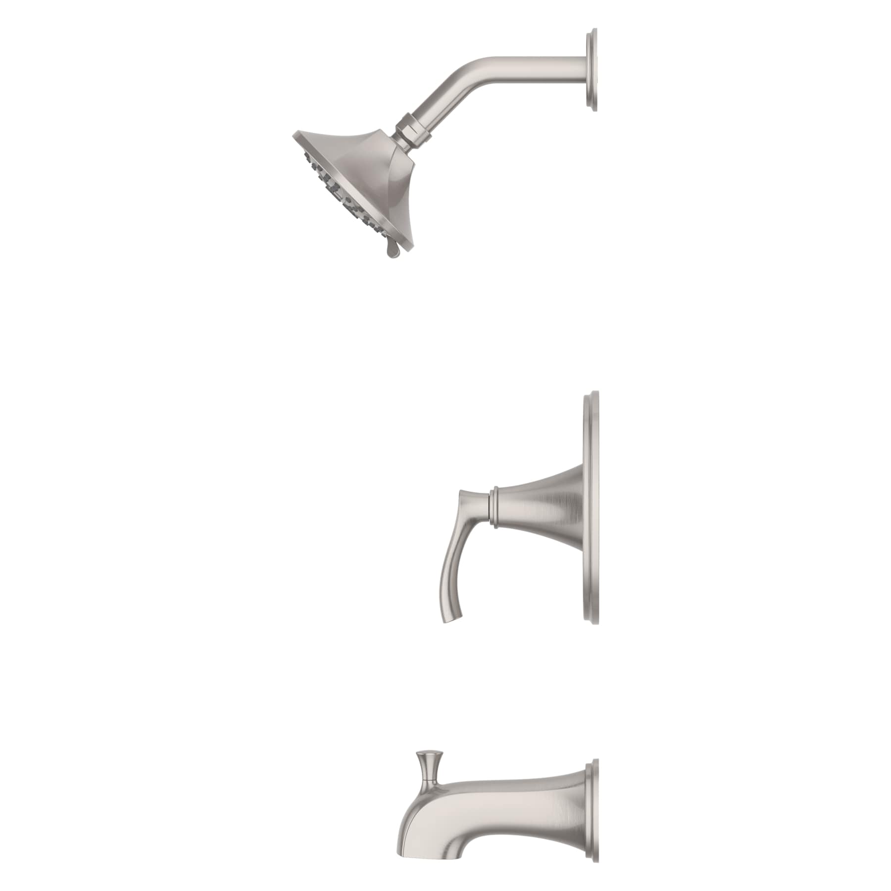 Grifo para bañera y ducha redondo de 4.91 pulgadas con acabado en níquel cepillado y tecnología de defensa contra manchas, de una sola manija y múltiples funciones "Auden" de Pfister con válvula 8P8-WS2-ADSGS.