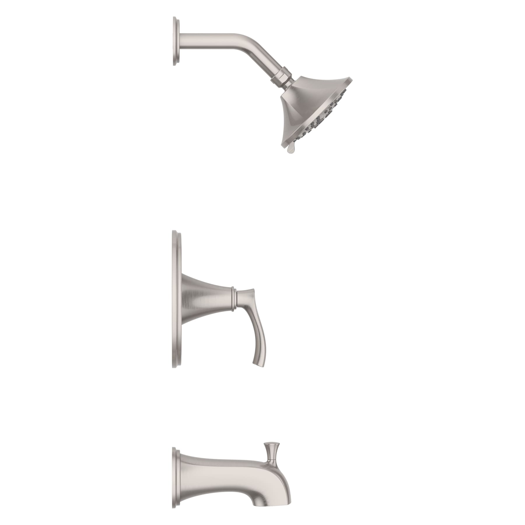 Grifo para bañera y ducha redondo de 4.91 pulgadas con acabado en níquel cepillado y tecnología de defensa contra manchas, de una sola manija y múltiples funciones "Auden" de Pfister con válvula 8P8-WS2-ADSGS.