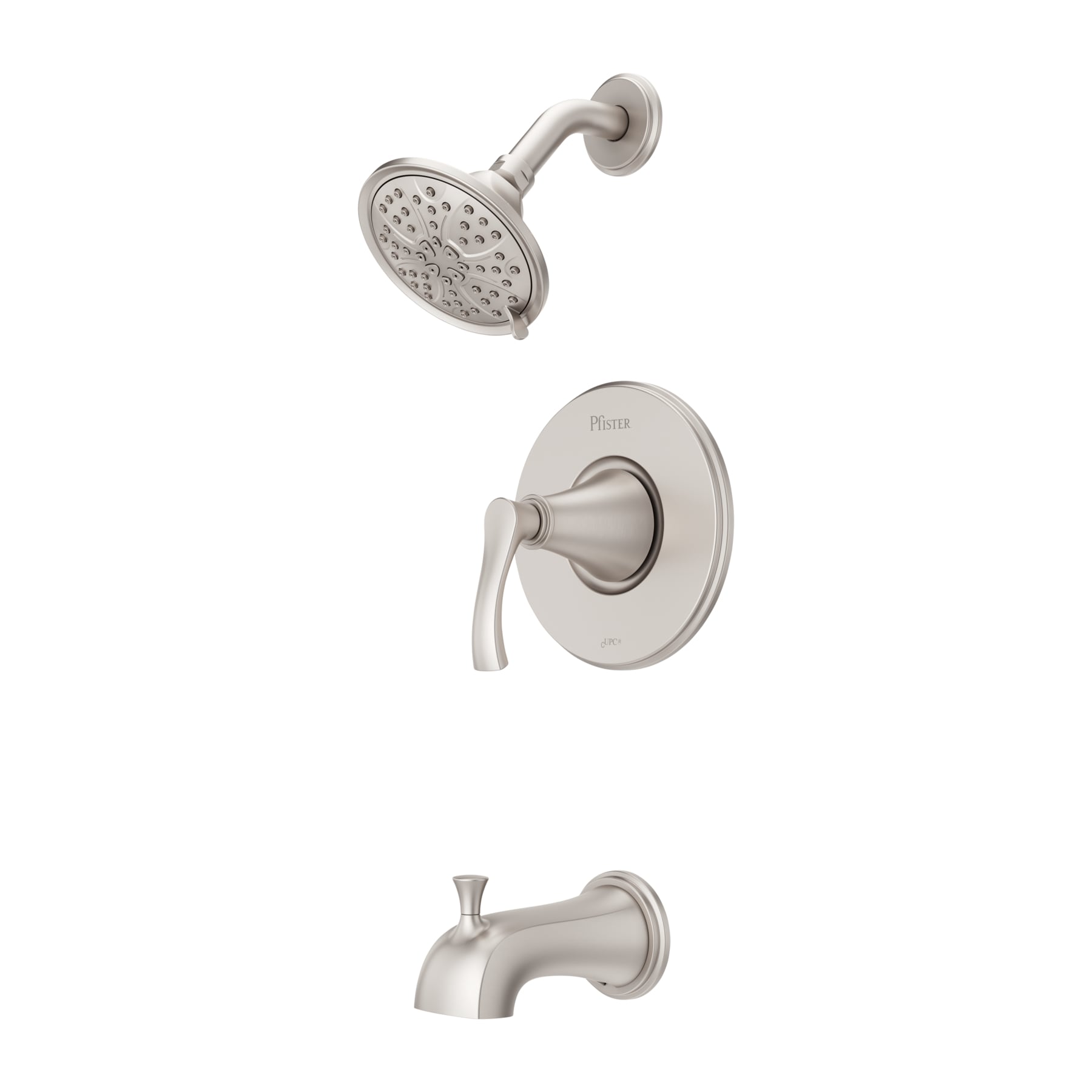 Grifo para bañera y ducha redondo de 4.91 pulgadas con acabado en níquel cepillado y tecnología de defensa contra manchas, de una sola manija y múltiples funciones "Auden" de Pfister con válvula 8P8-WS2-ADSGS.