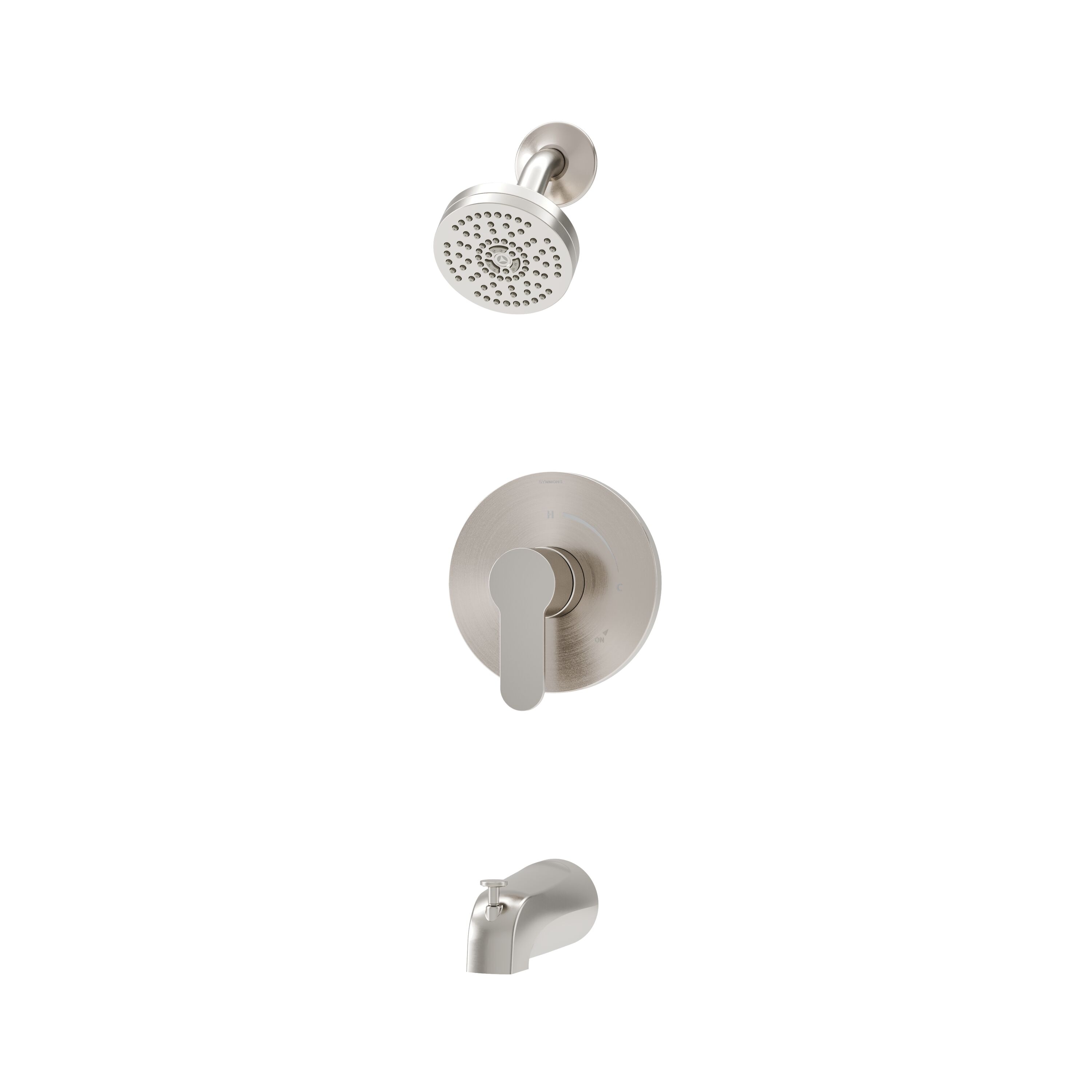 Llave mezcladora para bañera y regadera redonda de 3.94 pulgadas, de función única, en níquel satinado de la línea Identity de Symmons.