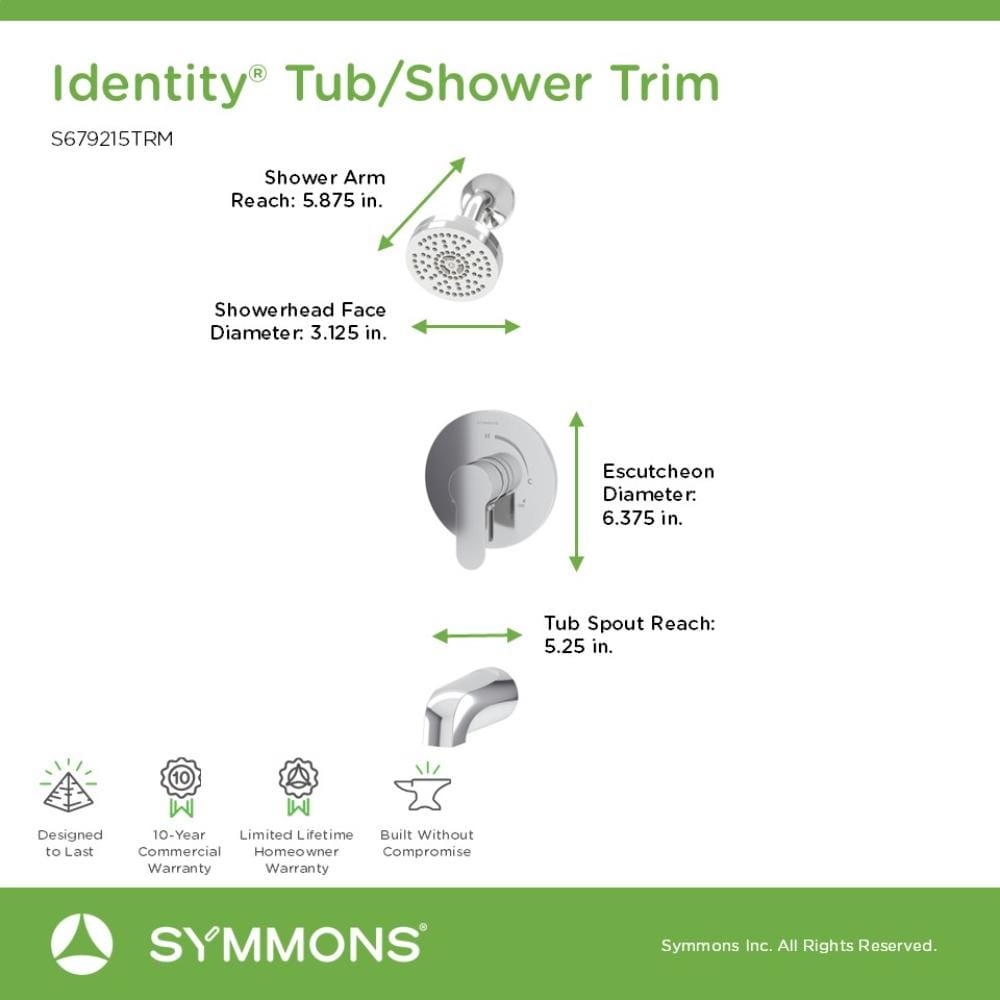 Grifería y regadera redonda para bañera de una sola función, cromada brillante, Symmons Identity 679215TRM con mango único de 3.94 pulgadas.