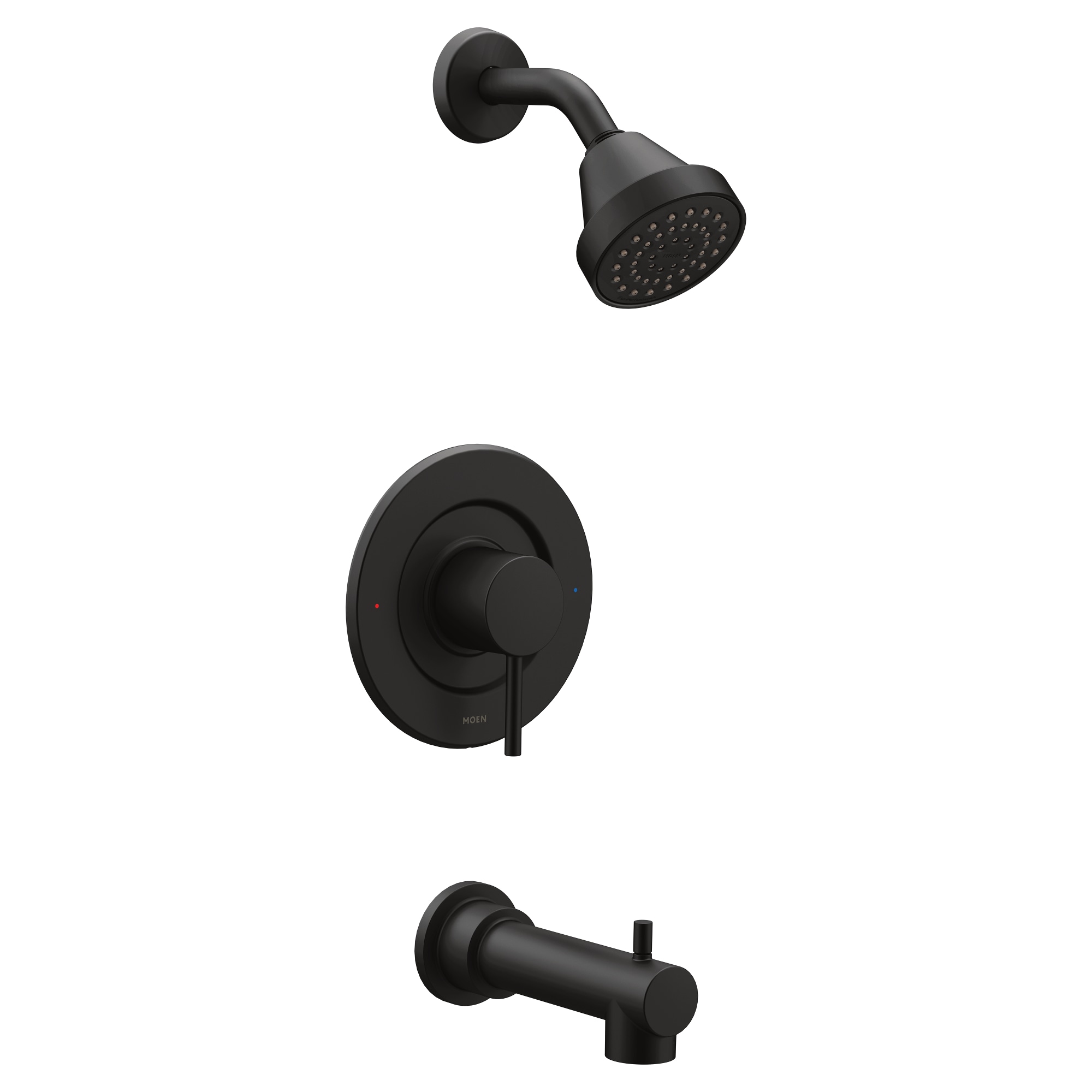 Grifo de bañera y ducha de una manija y función única en negro mate Moen Align de 4 pulgadas de diámetro.