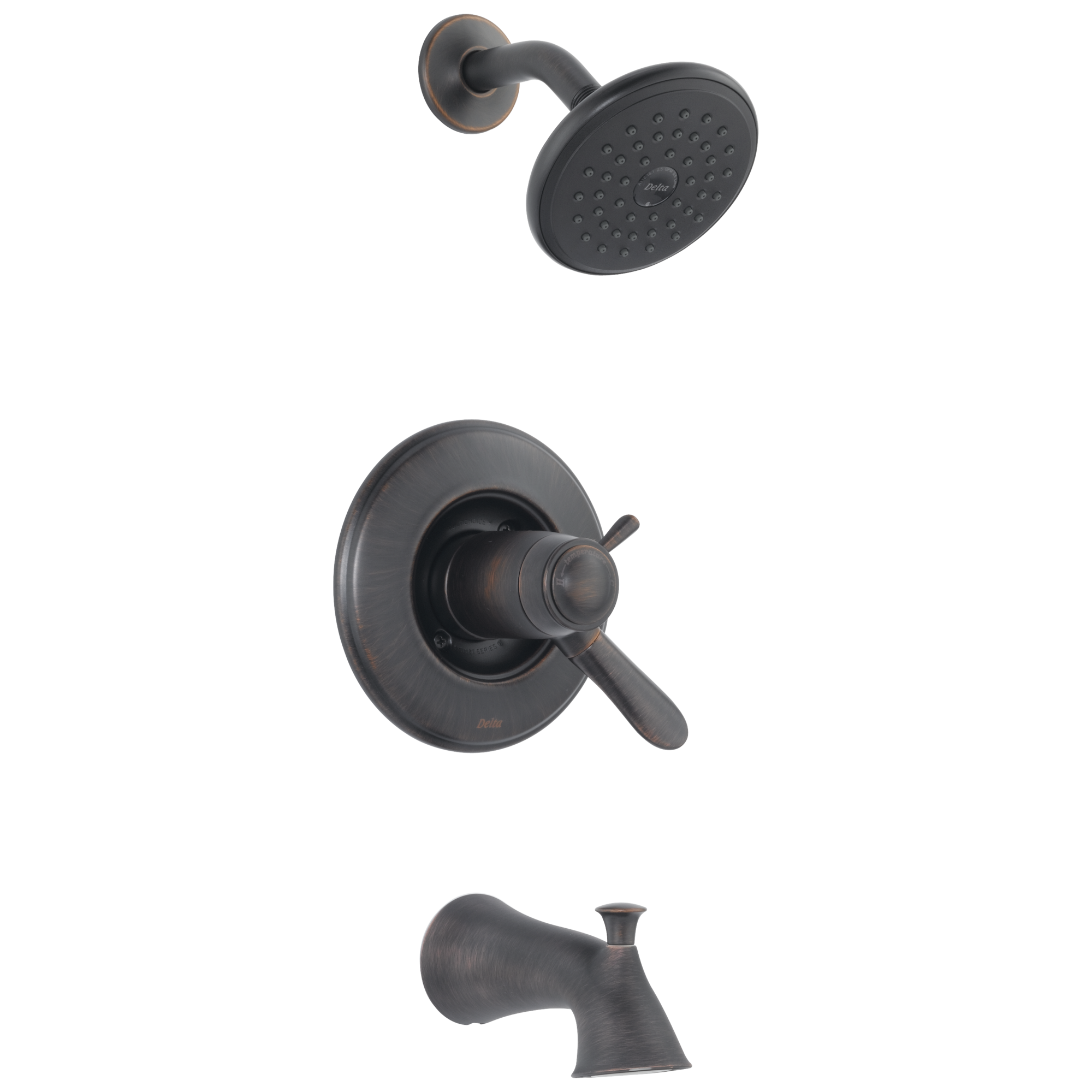 Grifo de bañera y ducha redondo de 5.125 pulgadas de 2 manijas en bronce veneciano termostático Delta Lahara incluye válvula T17T438-RB.