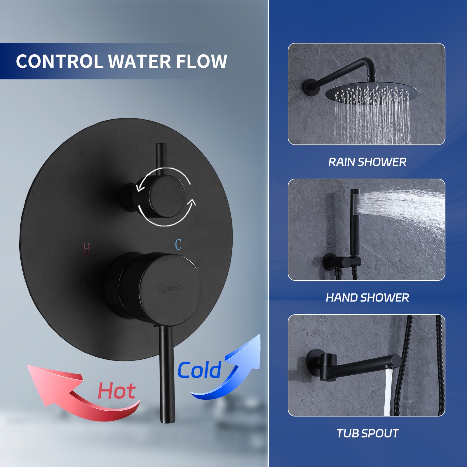 Mezcladora de ducha color negro mate de una manija multifunción de 10 pulgadas para bañera y ducha con válvula A-98003-B