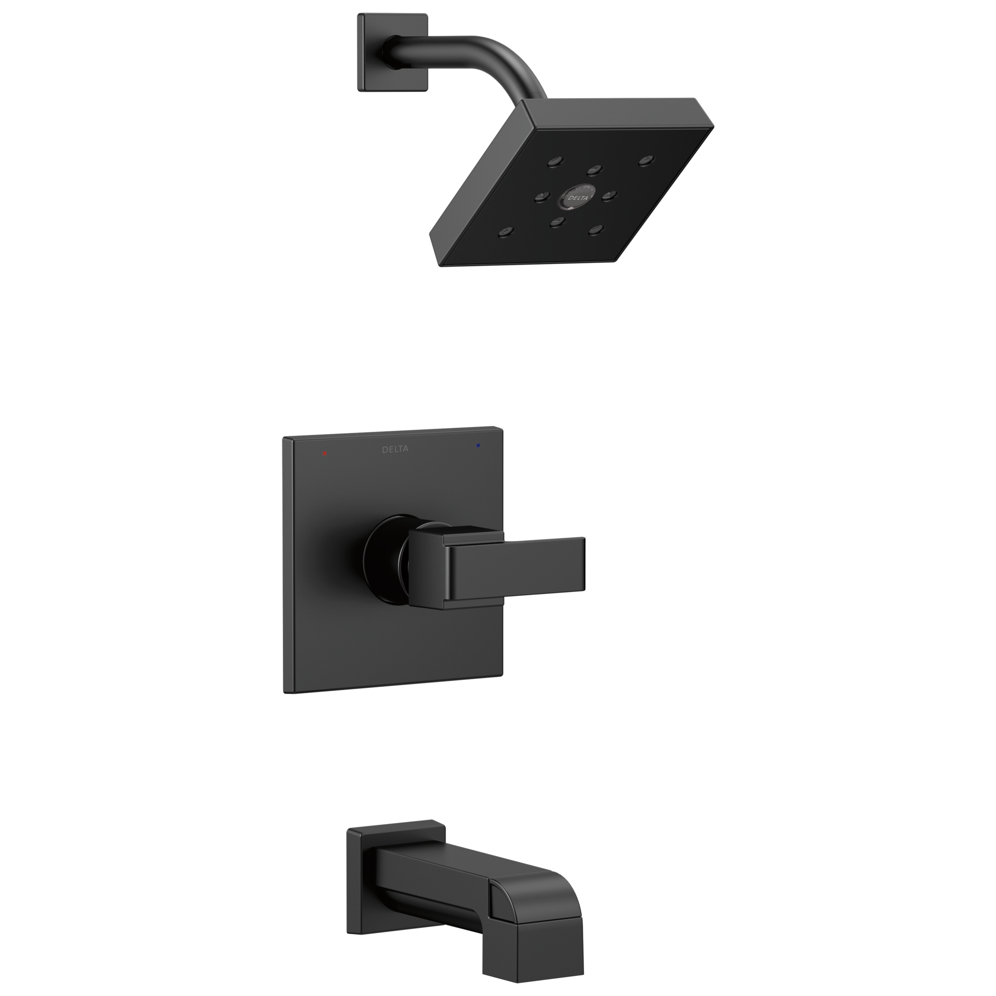 Grifo de bañera y regadera cuadrado de 1 manija en negro mate Delta Ara T14467-BL de función única de 5.3125 pulgadas.
