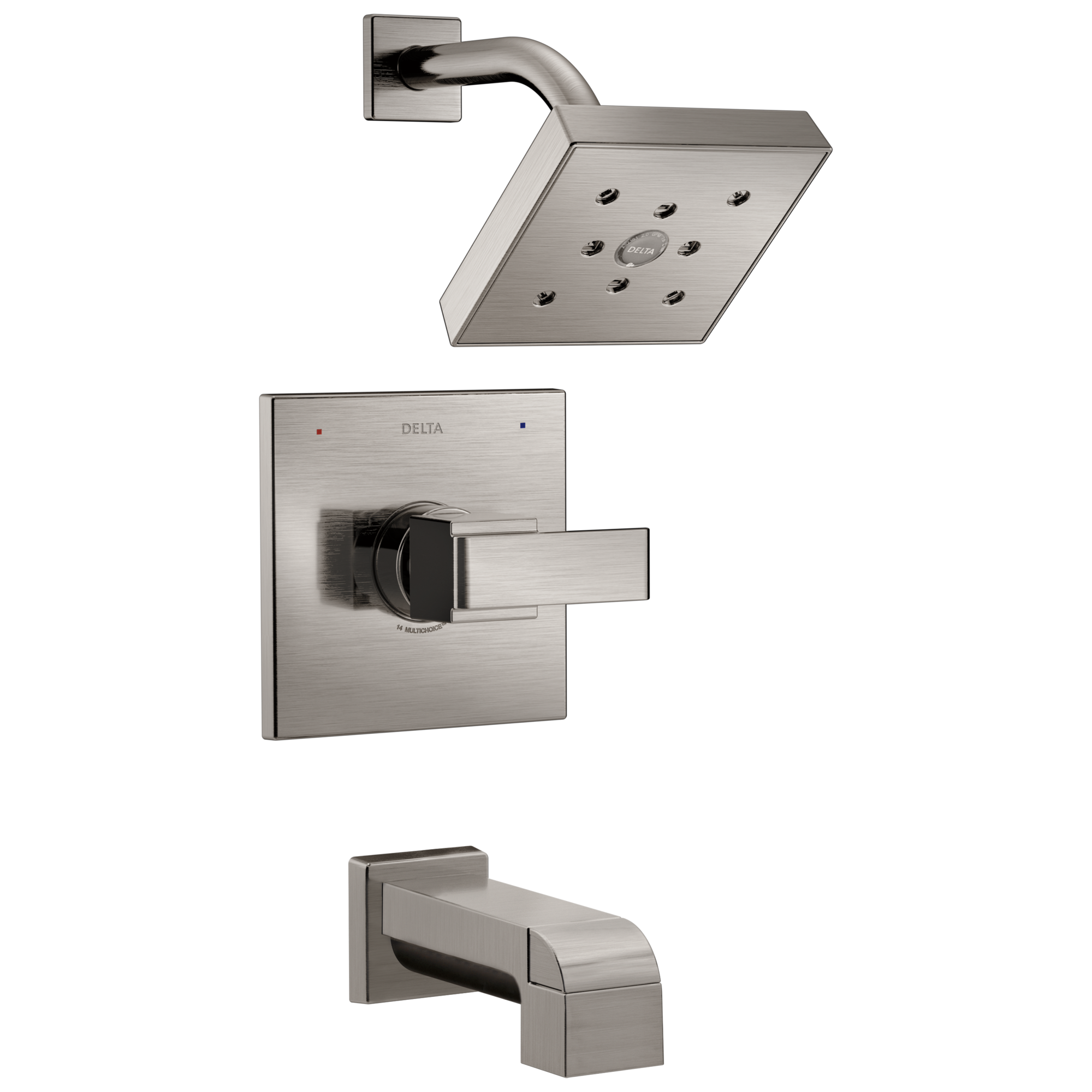 Grifo de bañera y ducha cuadrado de acero inoxidable Delta Ara con 1 manija y función única de 5.3125 pulgadas